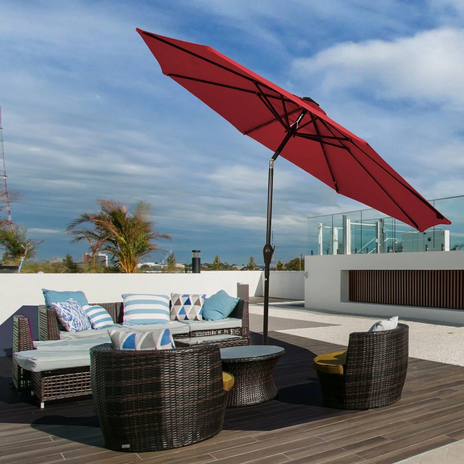 10' Solar LED Patio Umbrella, Tilt Crank, Dark Red - Image 7
