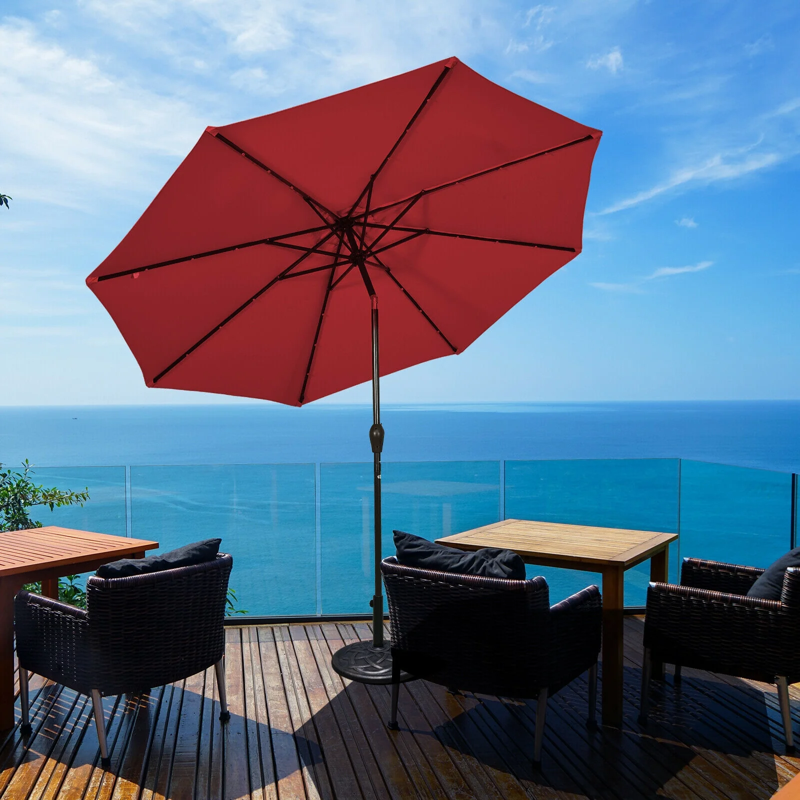 10' Solar LED Patio Umbrella, Tilt Crank, Dark Red - Image 8