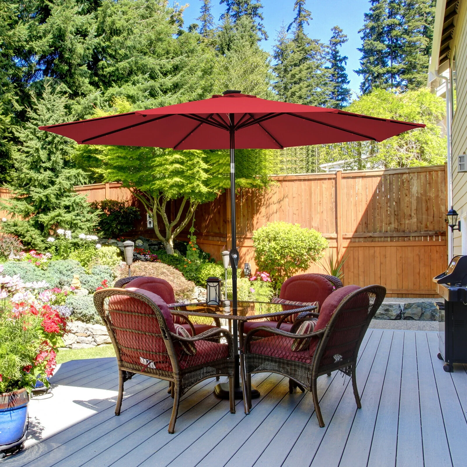 10' Solar LED Patio Umbrella, Tilt Crank, Dark Red - Image 9