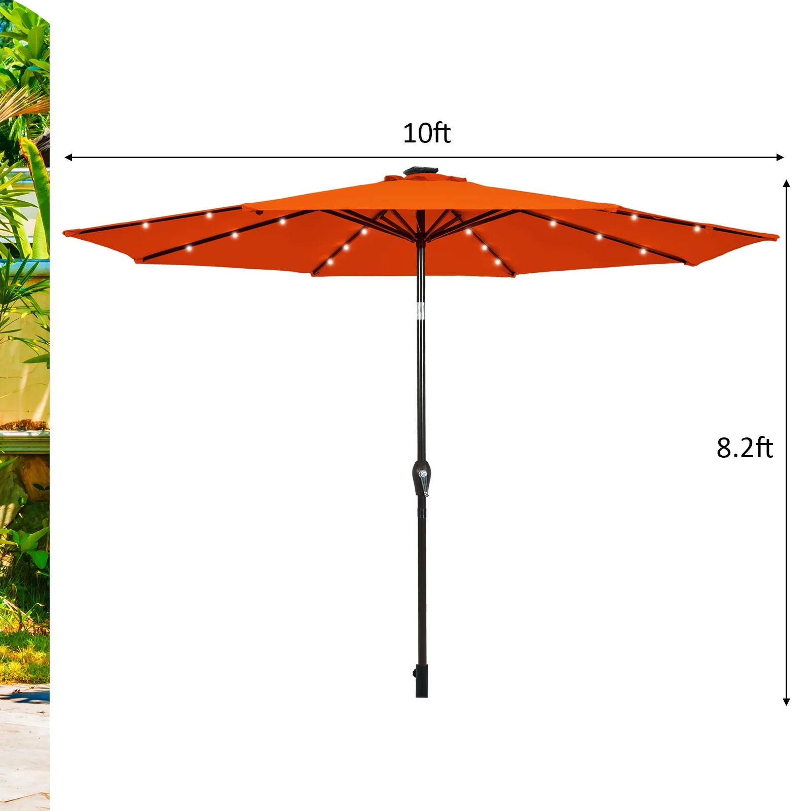 10' Solar LED Patio Umbrella, Tilt Crank, Orange - Image 6