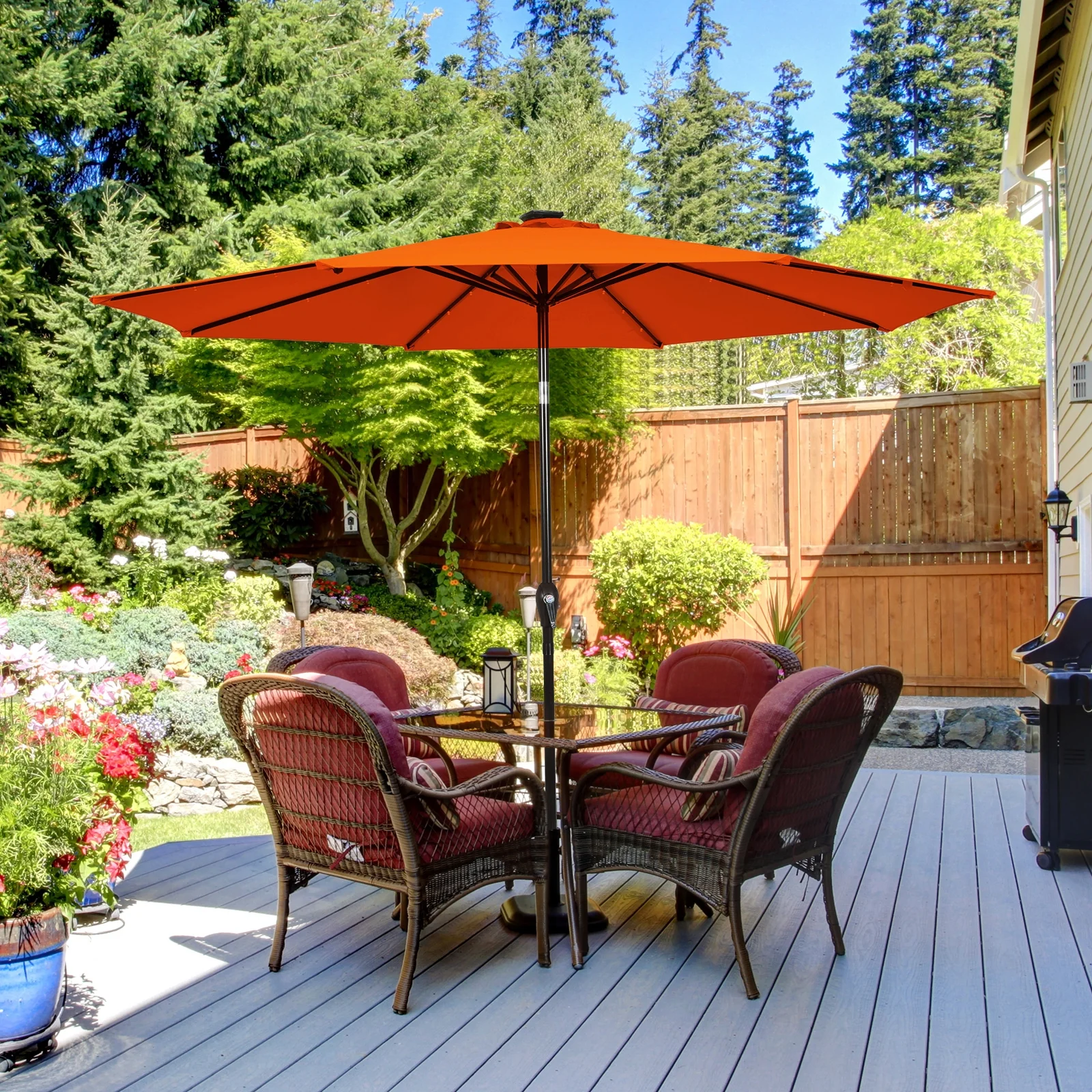 10' Solar LED Patio Umbrella, Tilt Crank, Orange - Image 7