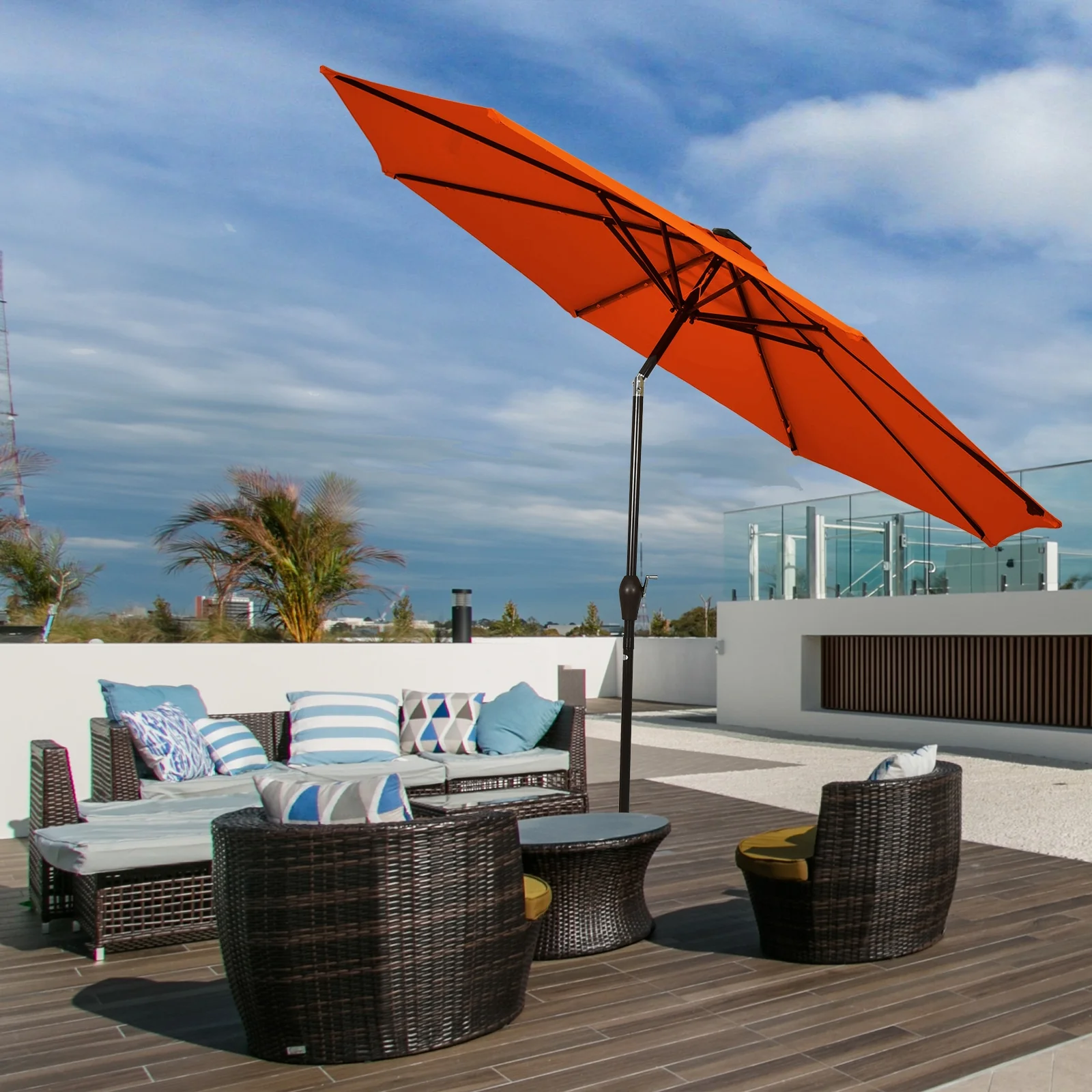 10' Solar LED Patio Umbrella, Tilt Crank, Orange - Image 8