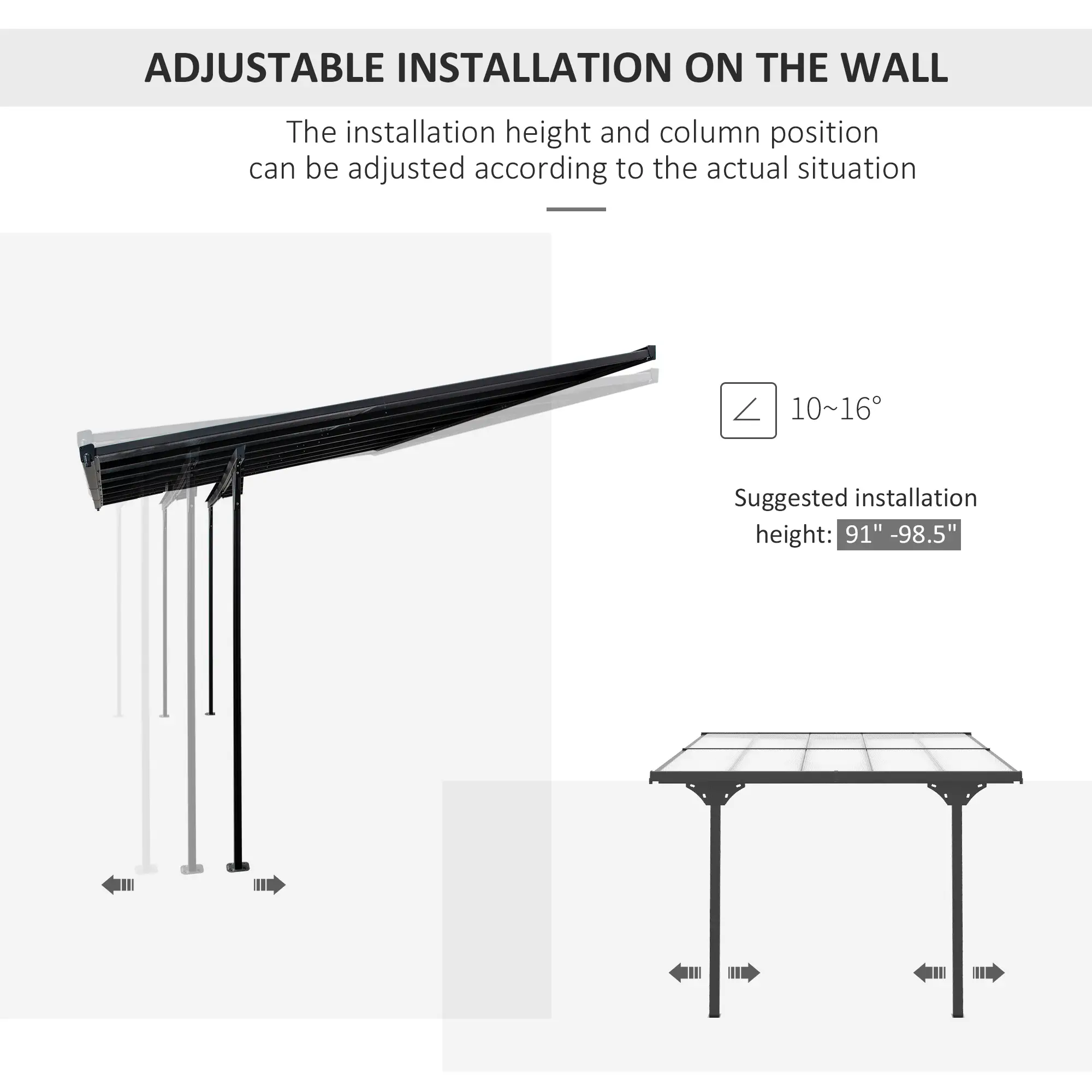 10' x 10' Aluminum Pergola, Adjustable Height, Polycarbonate Roof, UV Protection, Grey - Image 4