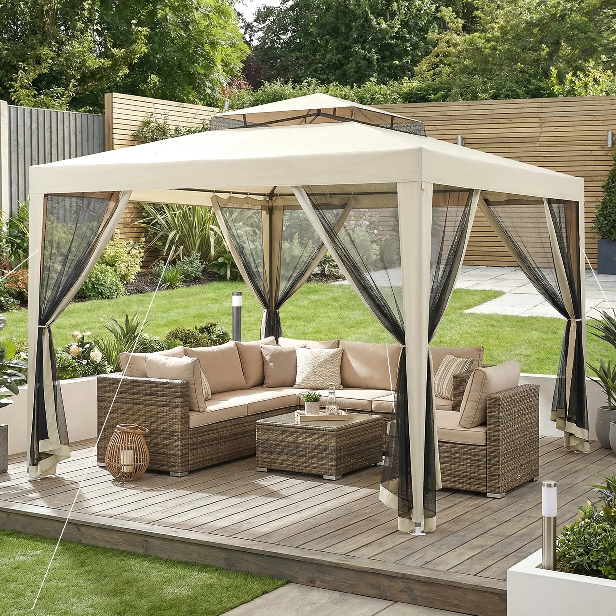 10' x 10' Canopy Tent, Party Tent with Mesh Netting, Double Tier Roof, Beige - Image 2