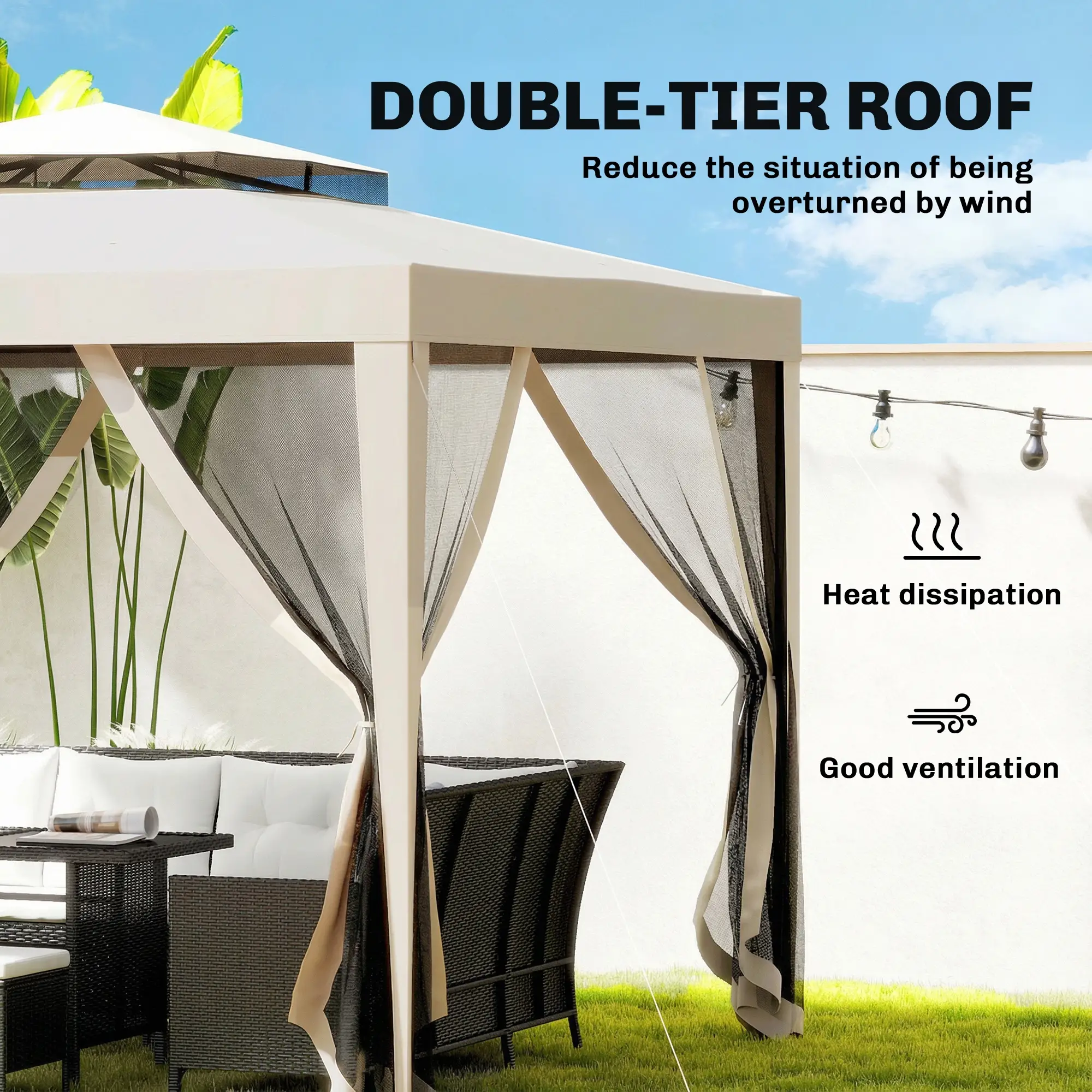 10' x 10' Canopy Tent, Party Tent with Mesh Netting, Double Tier Roof, Beige - Image 4