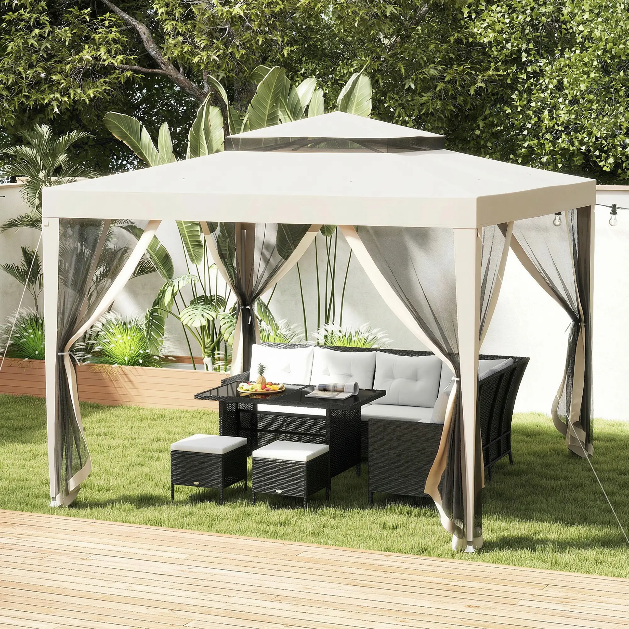 10' x 10' Canopy Tent, Party Tent with Mesh Netting, Double Tier Roof, Beige - Image 8