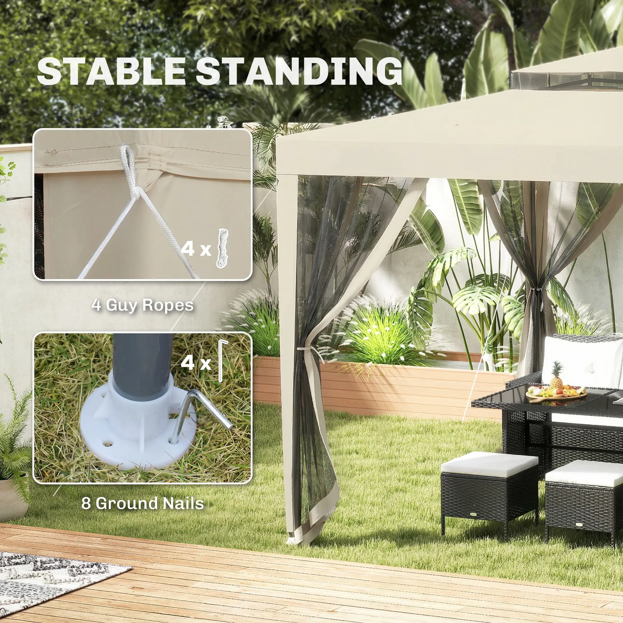 10' x 10' Canopy Tent, Party Tent with Mesh Netting, Double Tier Roof, Beige - Image 9