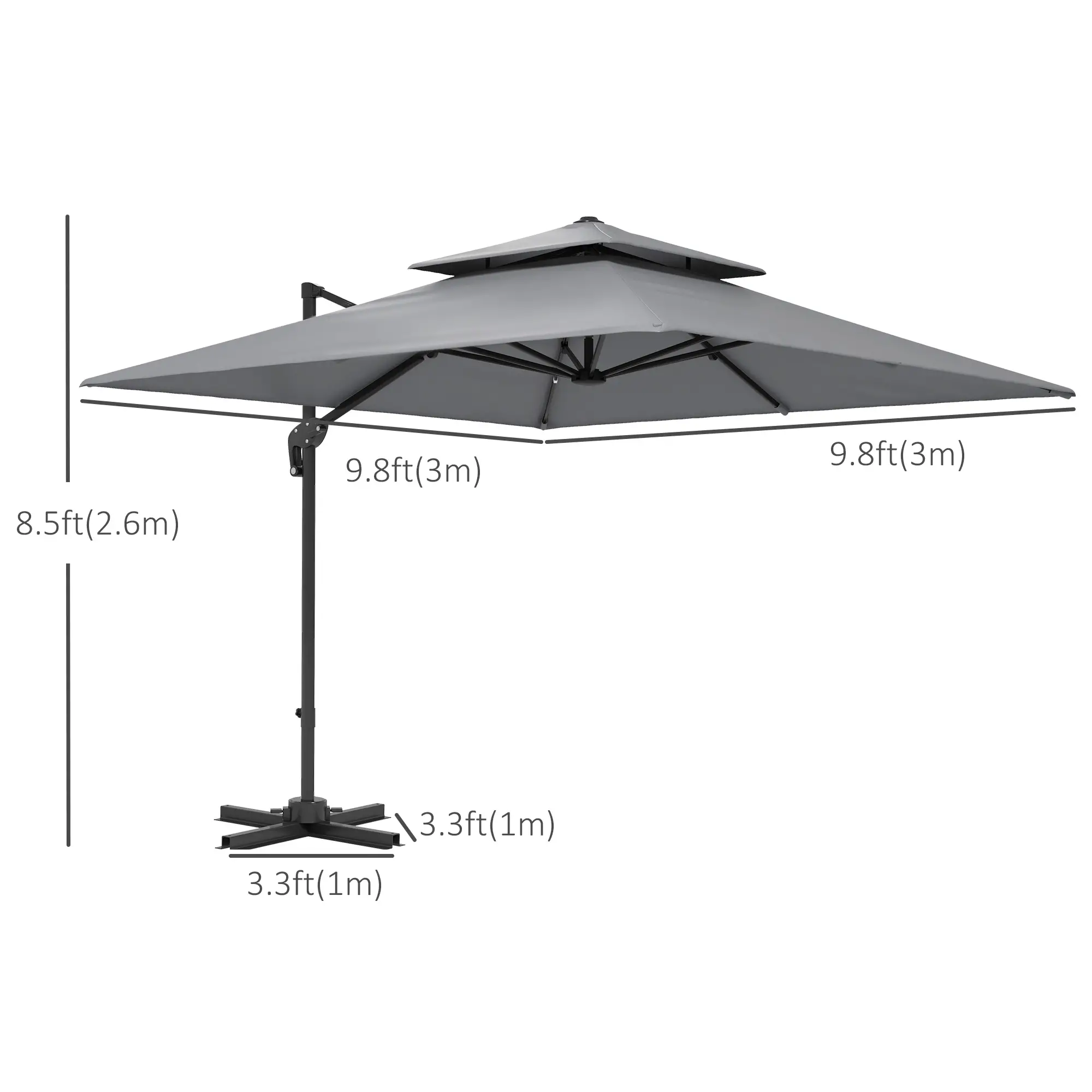 10' x 10' Cantilever Patio Umbrella, Double Top, Light Grey - Image 3