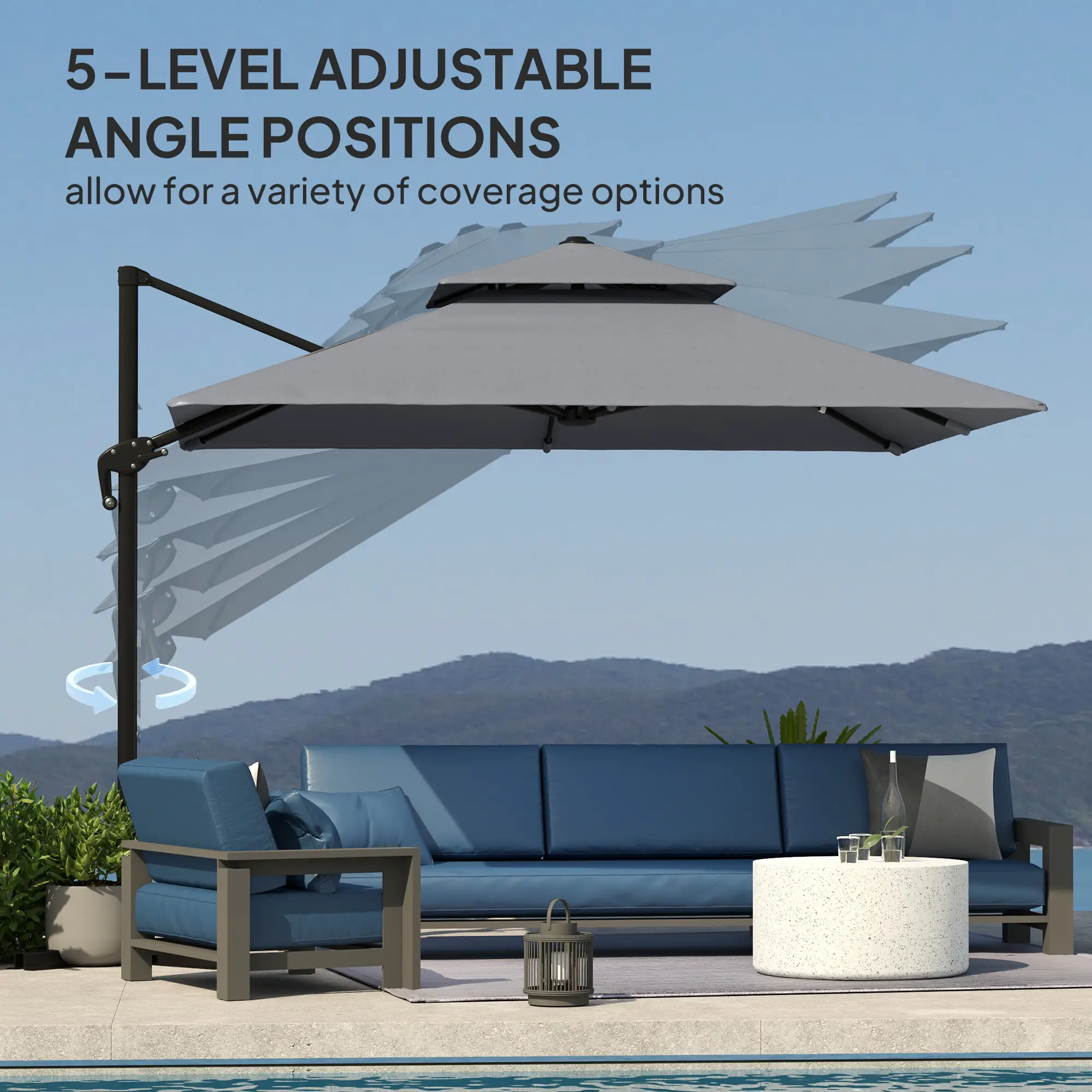 10' x 10' Cantilever Patio Umbrella, Double Top, Light Grey - Image 5