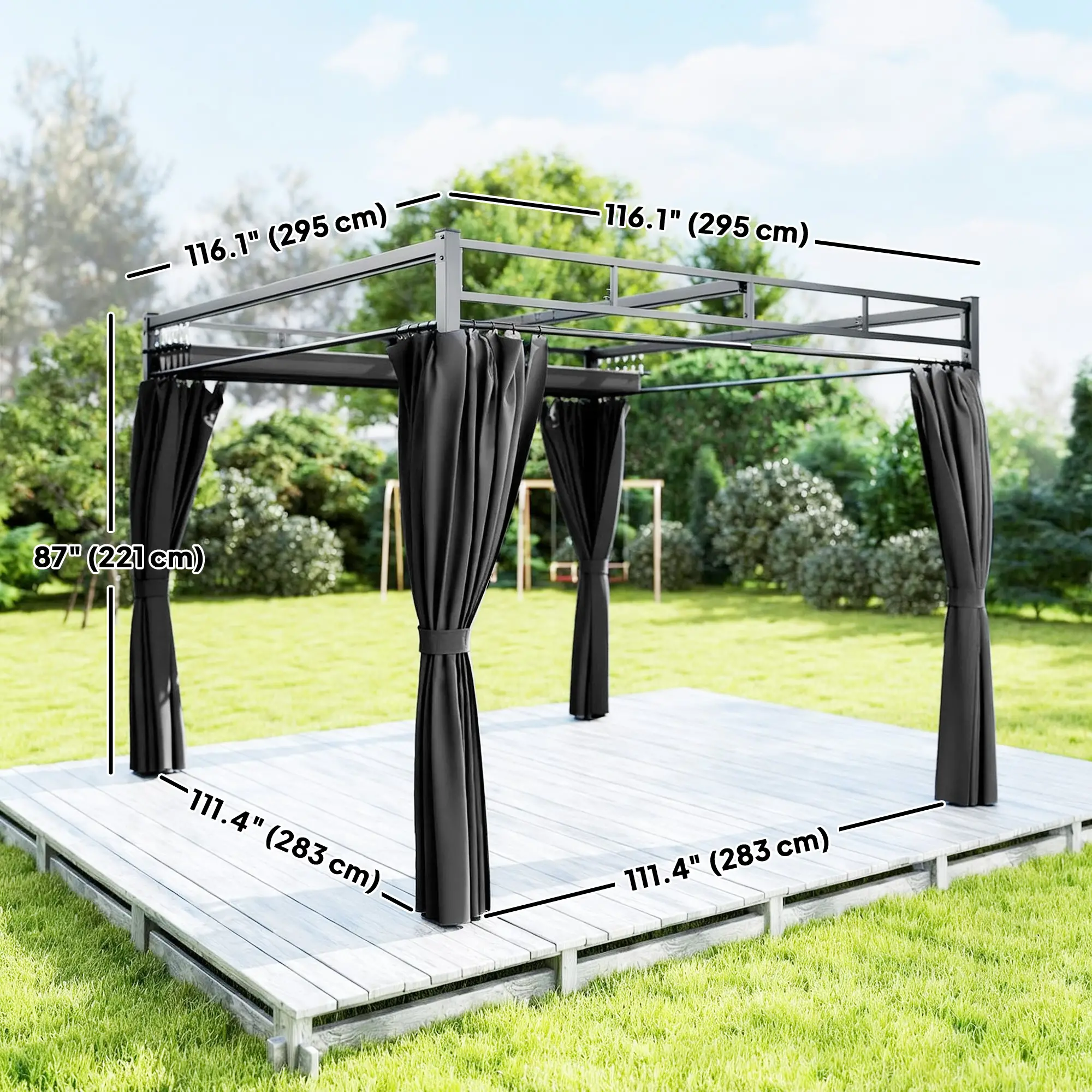 10' x 10' Dark Grey Outdoor Gazebo, Retractable Pergola Canopy With Curtains, Dark Grey - Image 3