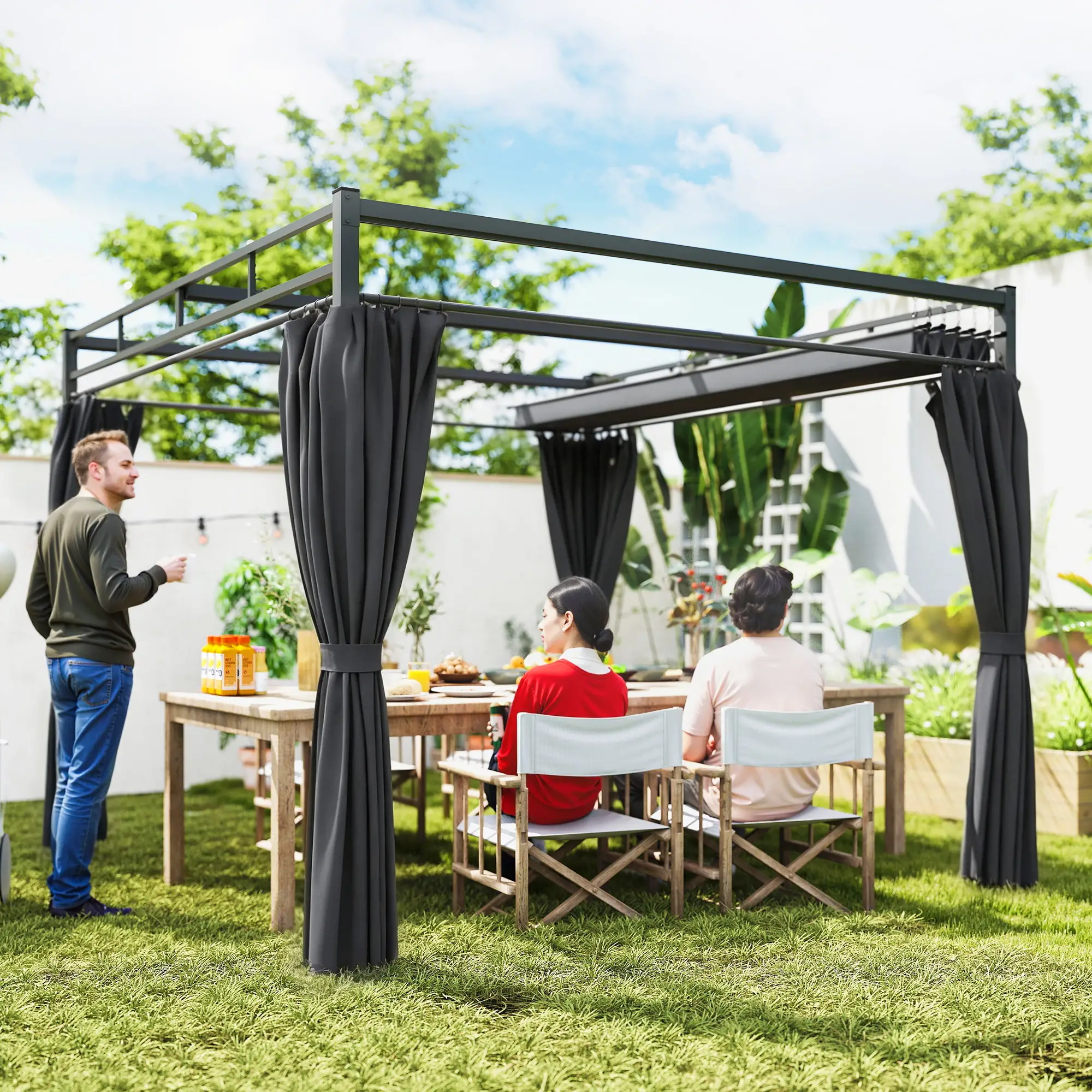 10' x 10' Dark Grey Outdoor Gazebo, Retractable Pergola Canopy With Curtains, Dark Grey - Image 8