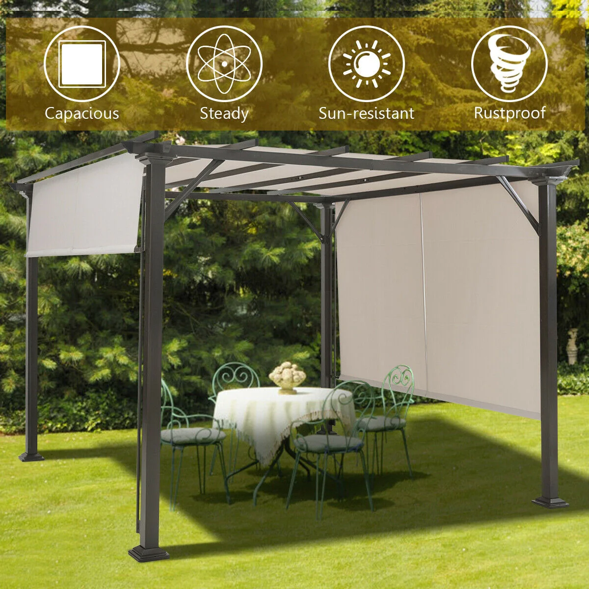 10 x 10 Feet Metal Frame Patio Shelter, Beige - Image 3