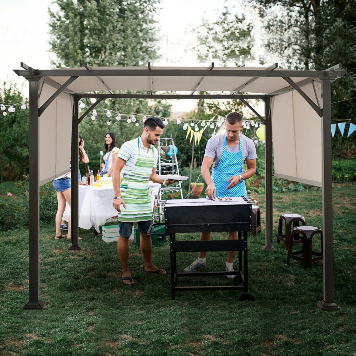 10 x 10 Feet Metal Frame Patio Shelter, Beige - Image 7