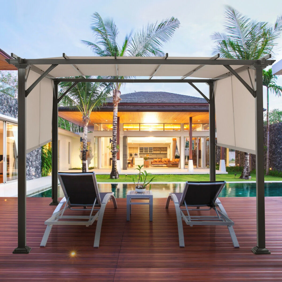 10 x 10 Feet Metal Frame Patio Shelter, Beige - Image 8