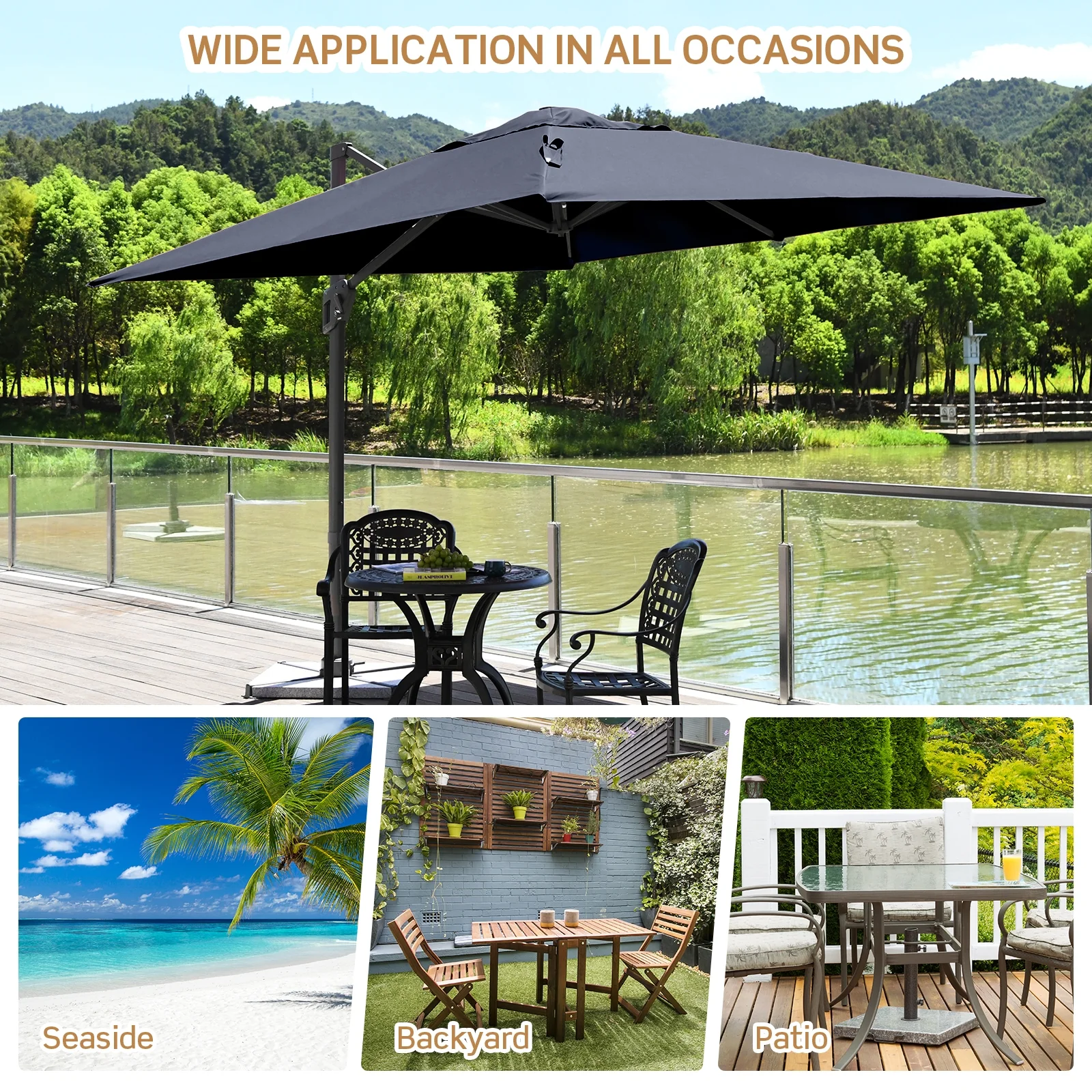 10 x 10 Feet Patio Offset Cantilever Umbrella, Aluminum 360-Degree Rotation Tilt, Navy - Image 3