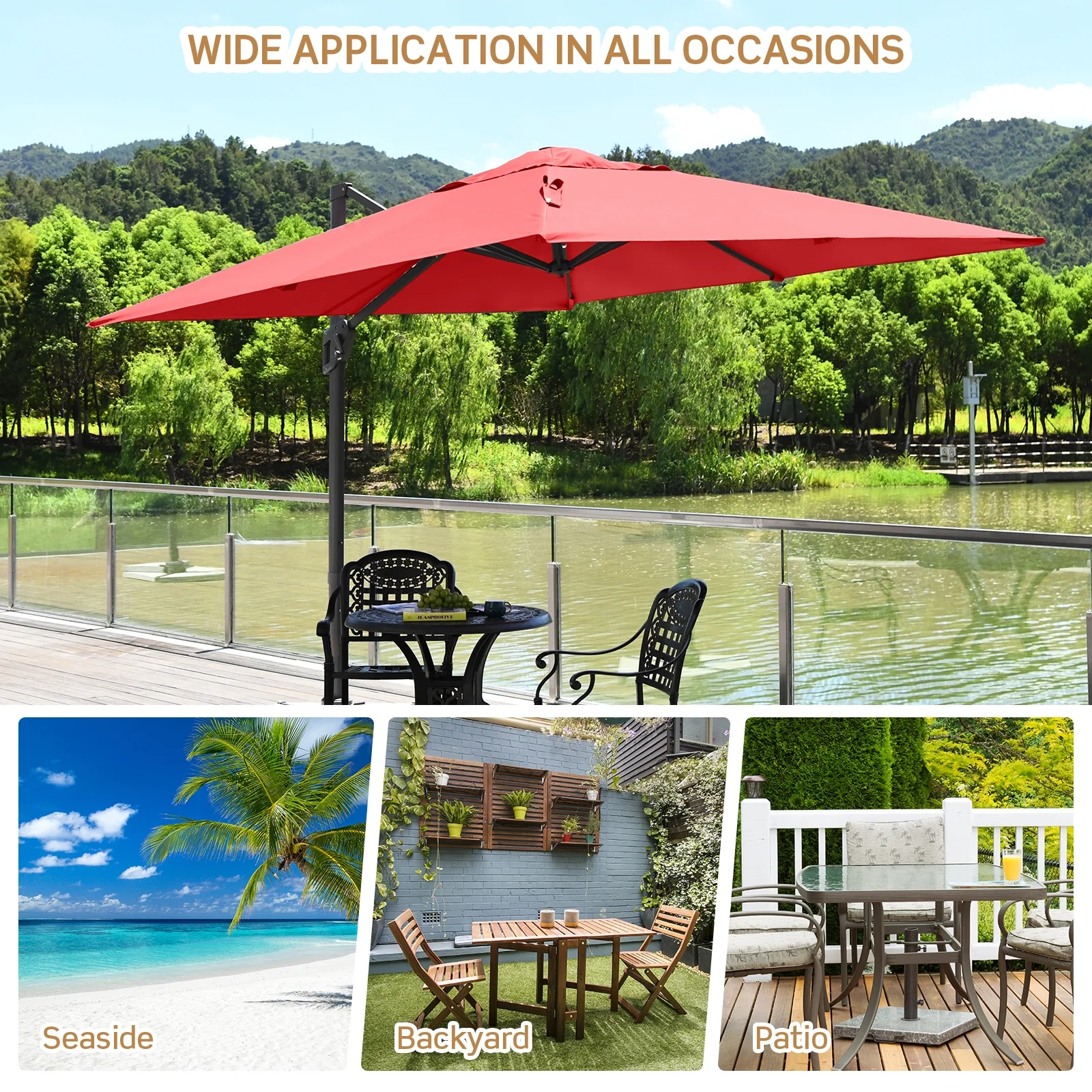10 x 10 Feet Patio Offset Cantilever Umbrella, Aluminum 360-Degree Rotation Tilt, Orange - Image 3