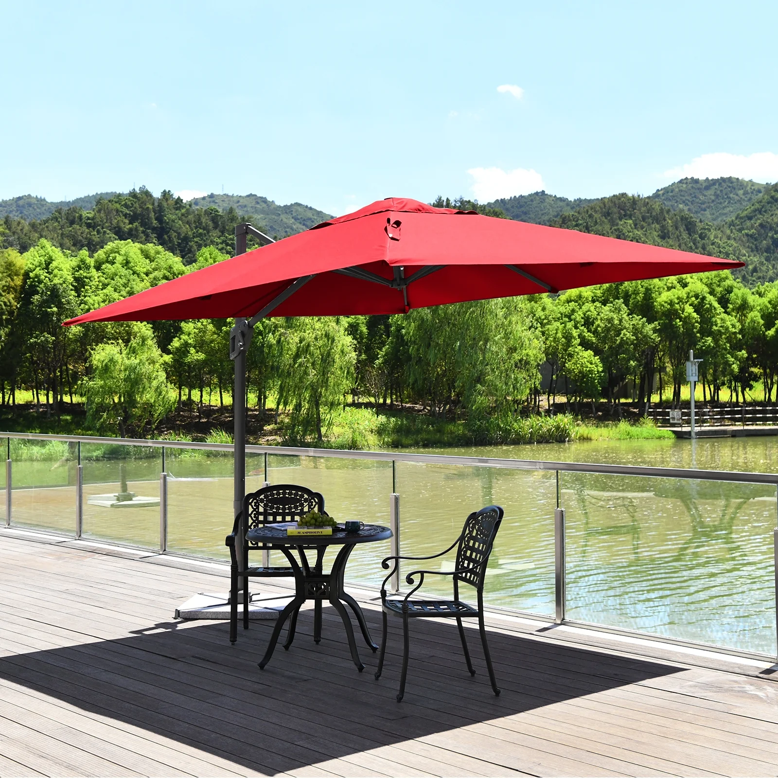 10 x 10 Feet Patio Offset Cantilever Umbrella, Aluminum 360 Rotation Tilt, Red - Image 2