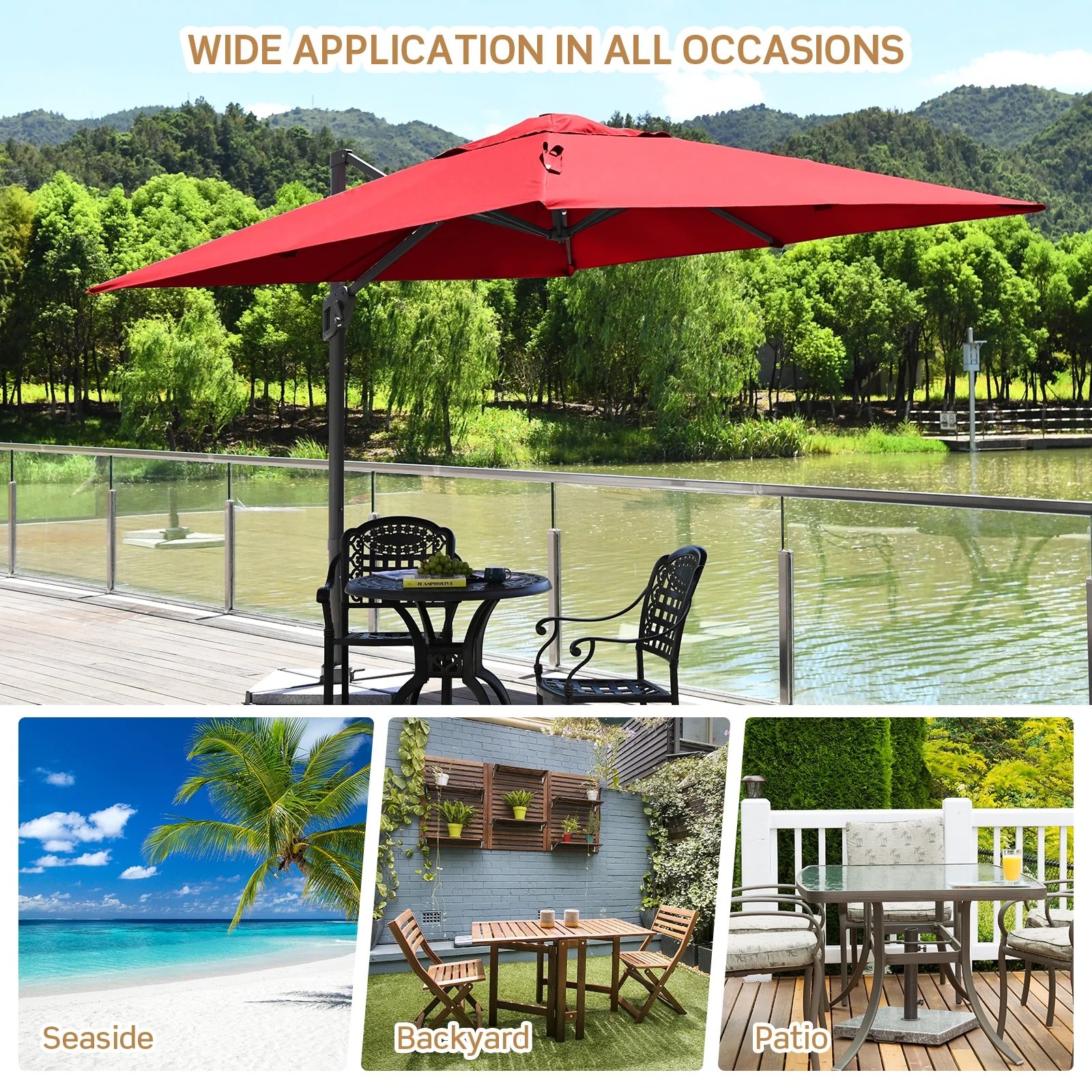 10 x 10 Feet Patio Offset Cantilever Umbrella, Aluminum 360 Rotation Tilt, Red - Image 3