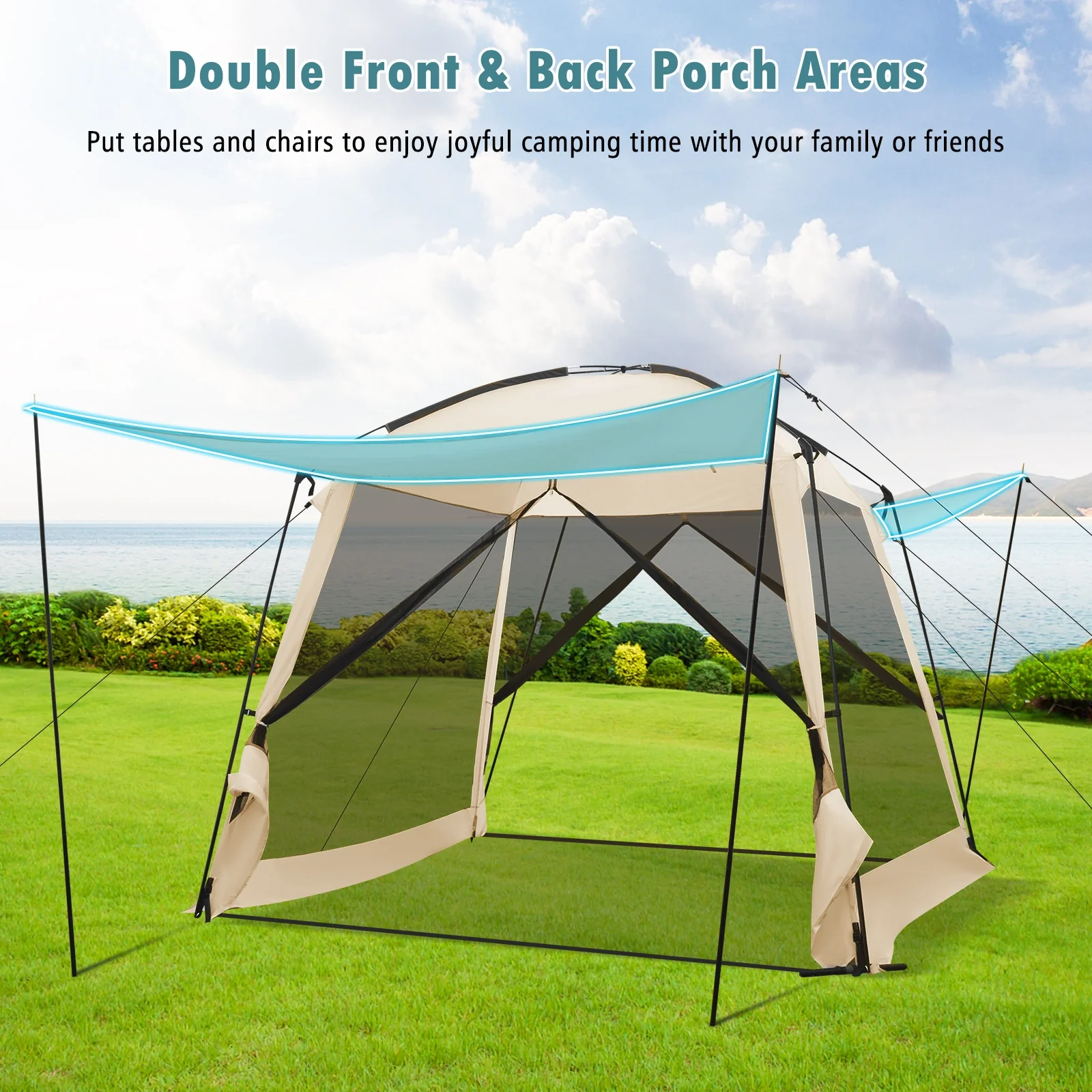 10 x 10 Feet Screened Canopy Tent, Vestibule, Zippered Door, Beige - Image 7
