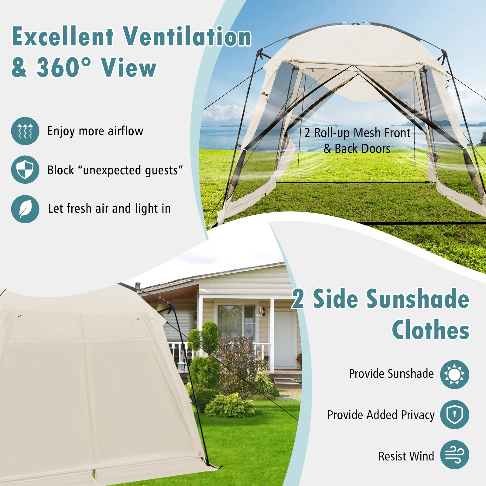 10 x 10 Feet Screened Canopy Tent, Vestibule, Zippered Door, Beige - Image 8