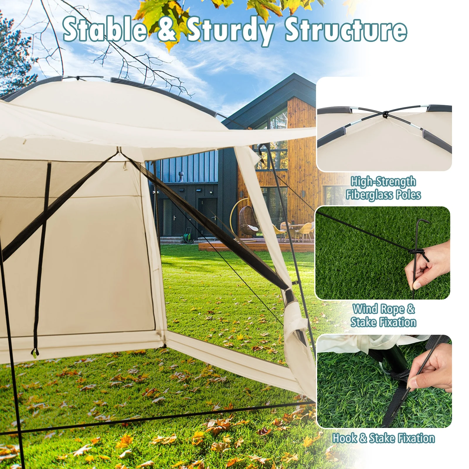 10 x 10 Feet Screened Canopy Tent, Vestibule, Zippered Door, Beige - Image 9