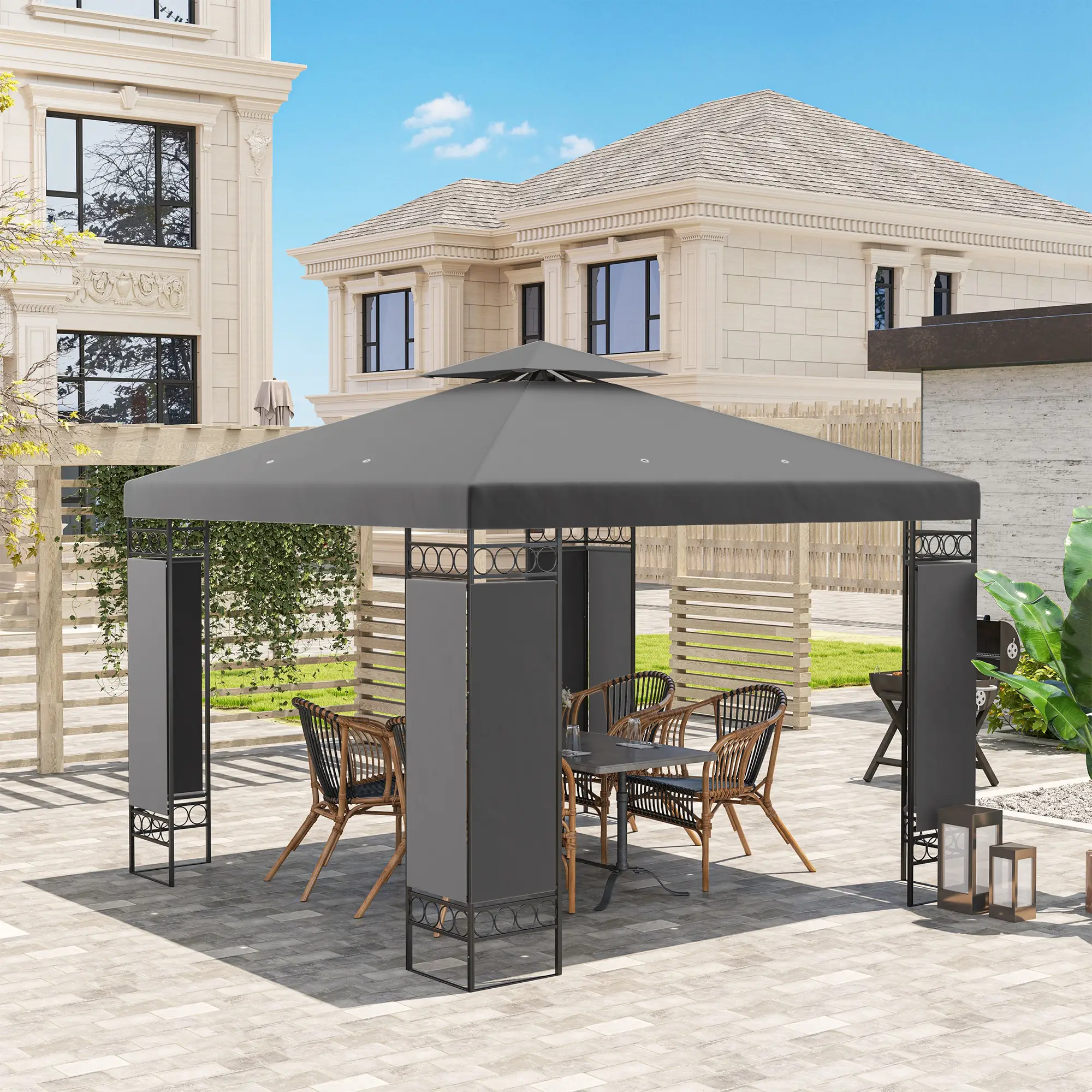 10 x 10 FT Canopy Gazebo, Double Roof With Screen Panels, Dark Grey - Image 10