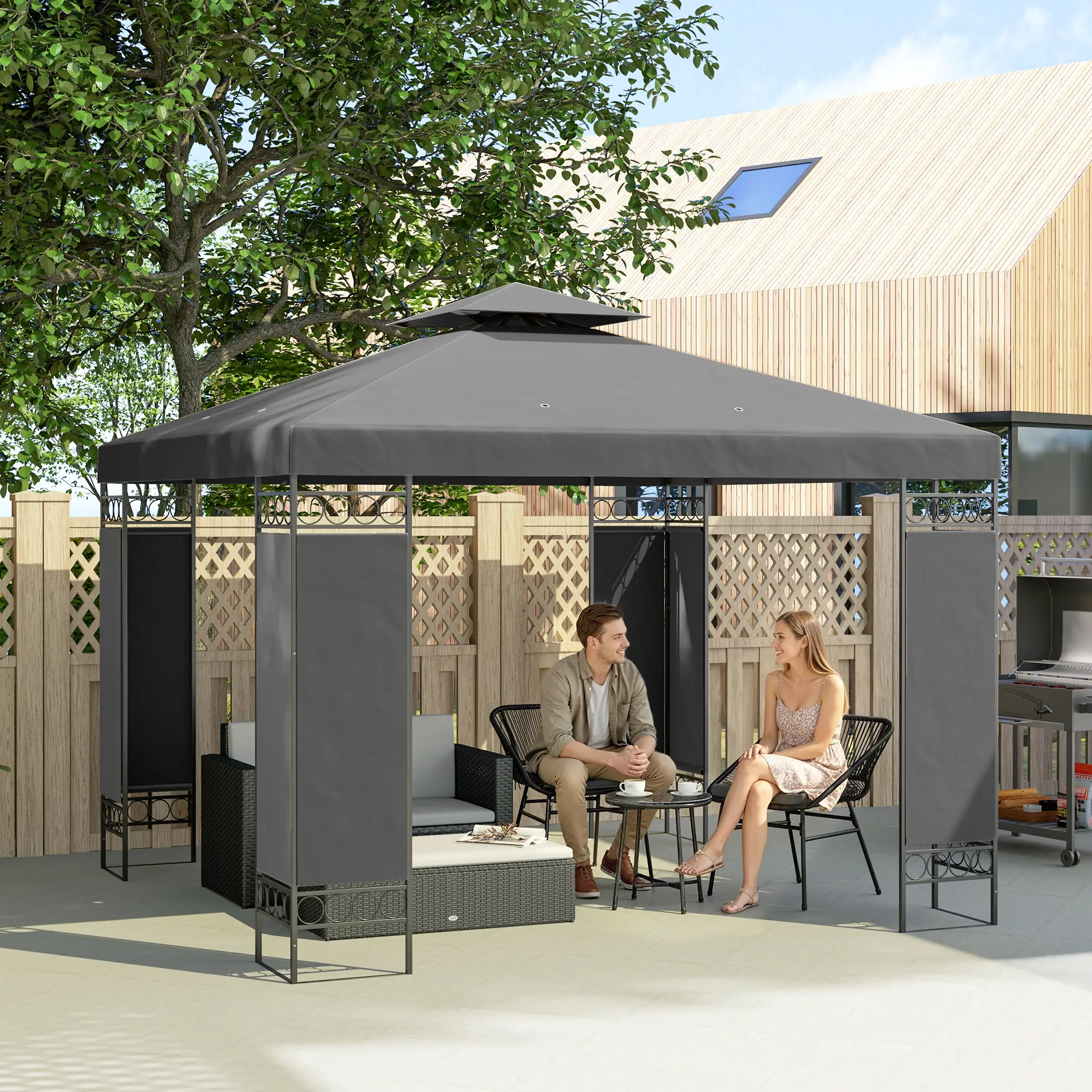 10 x 10 FT Canopy Gazebo, Double Roof With Screen Panels, Dark Grey - Image 2
