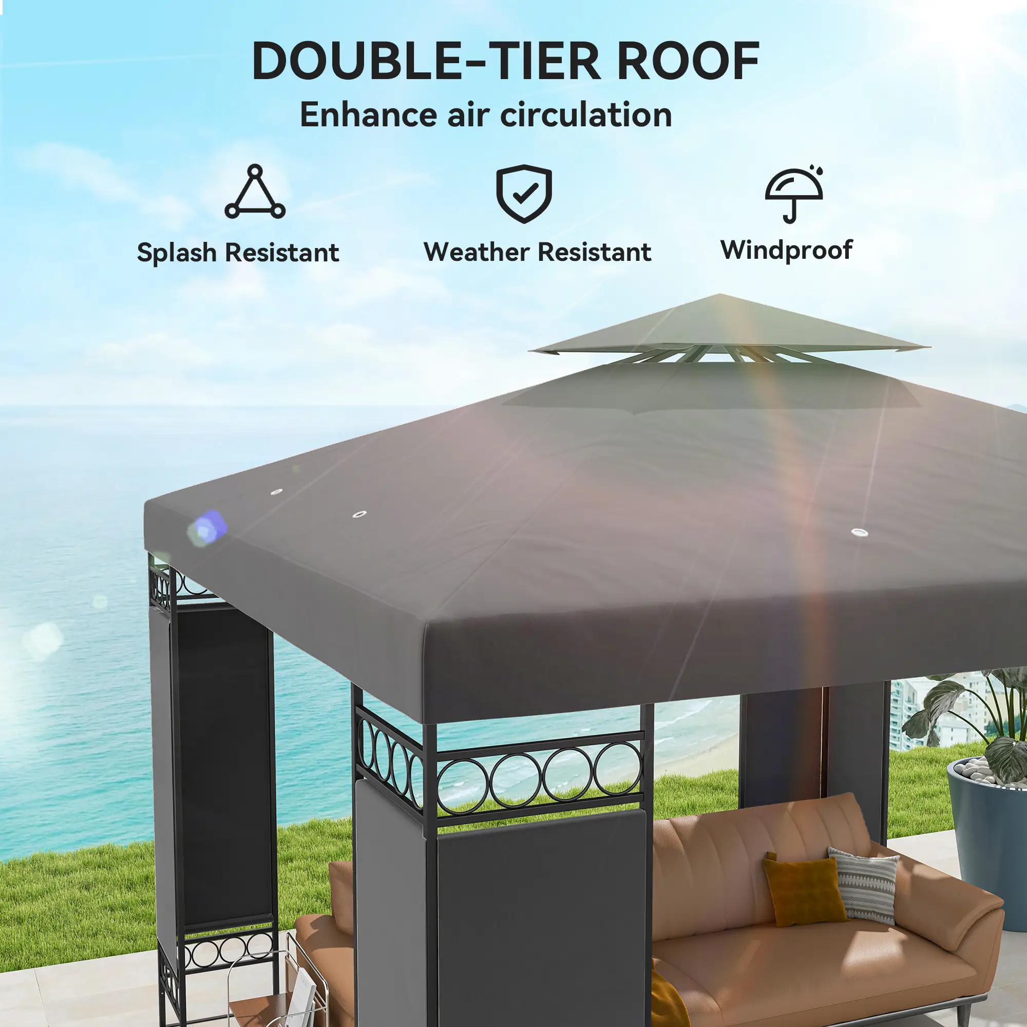 10 x 10 FT Canopy Gazebo, Double Roof With Screen Panels, Dark Grey - Image 4