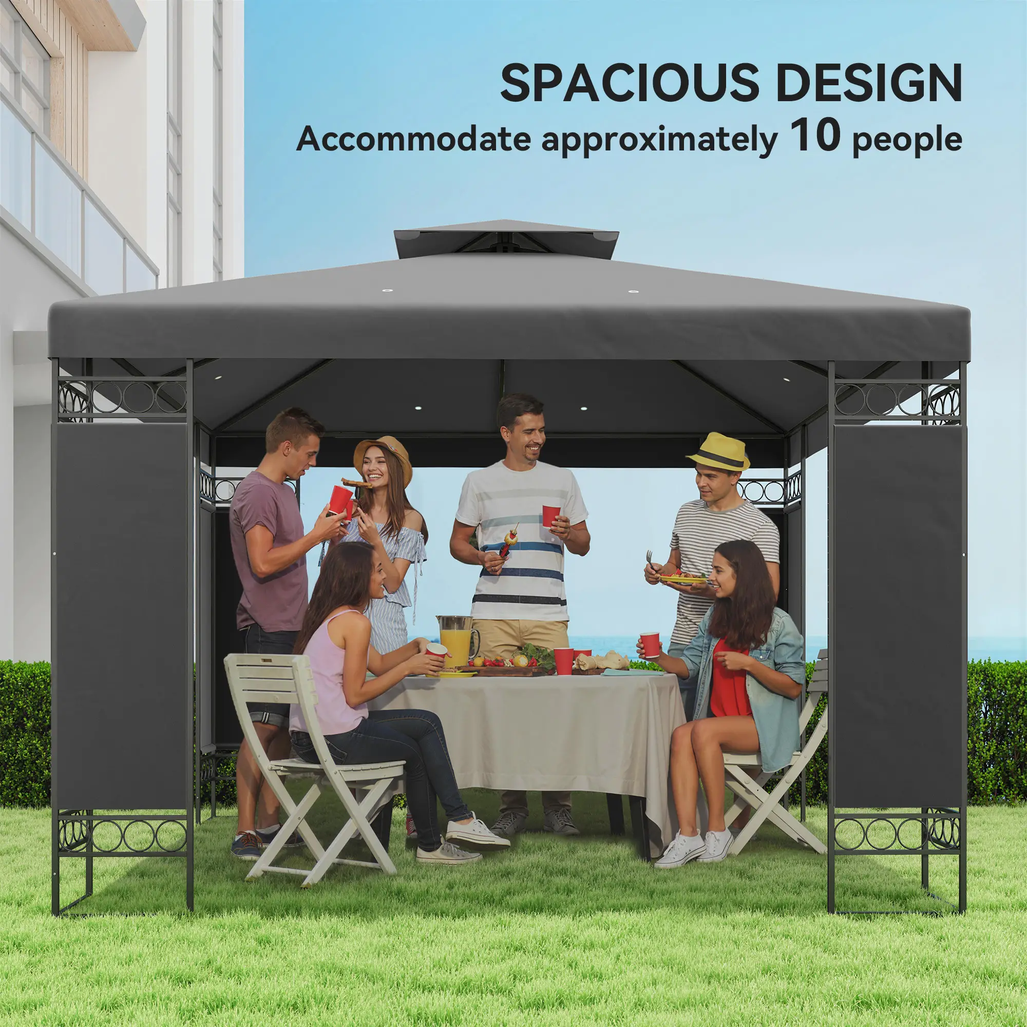 10 x 10 FT Canopy Gazebo, Double Roof With Screen Panels, Dark Grey - Image 6