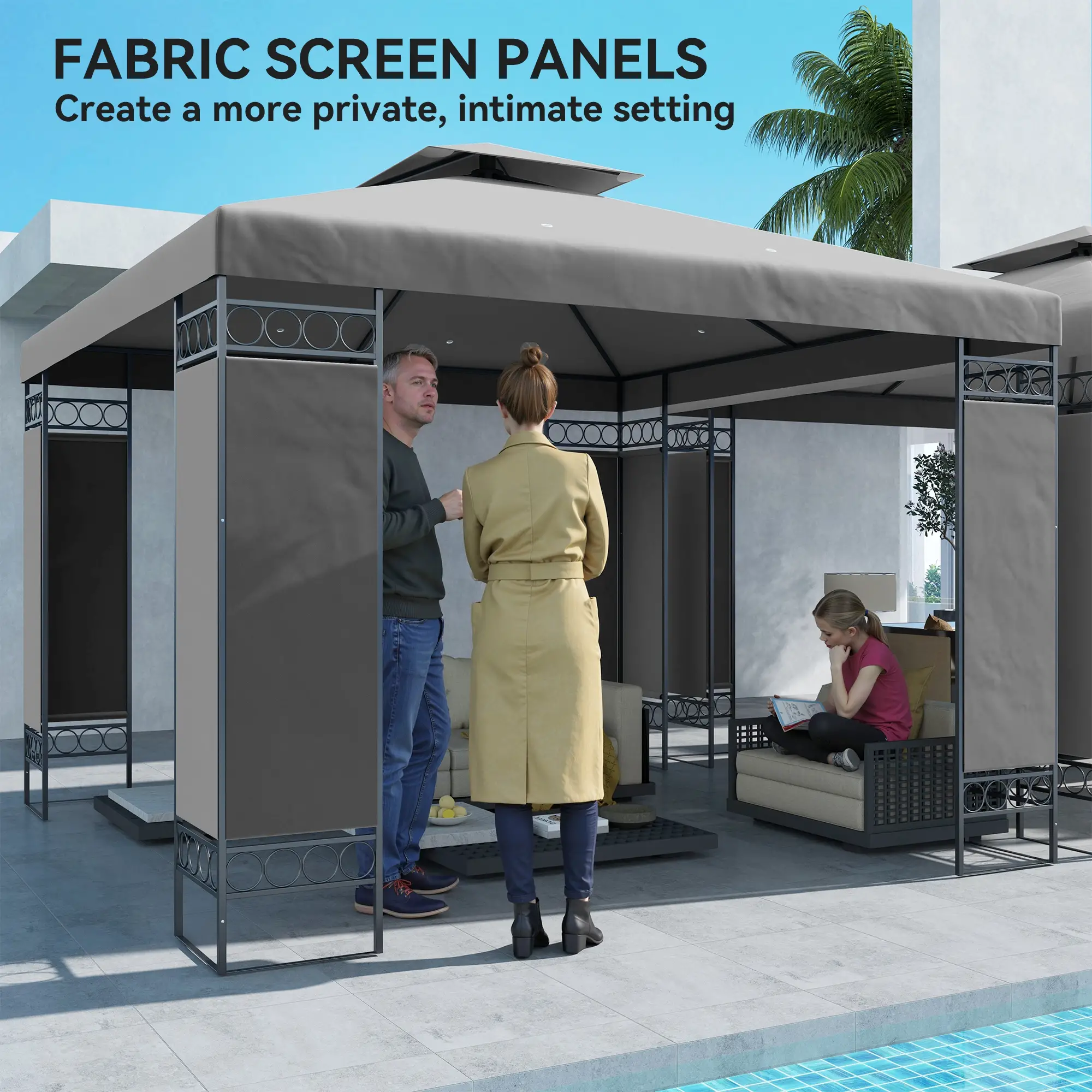 10 x 10 FT Canopy Gazebo, Double Roof With Screen Panels, Dark Grey - Image 7