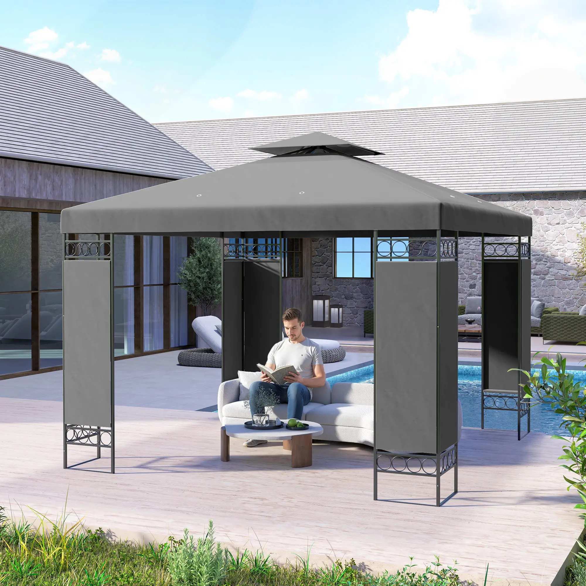 10 x 10 FT Canopy Gazebo, Double Roof With Screen Panels, Dark Grey - Image 8