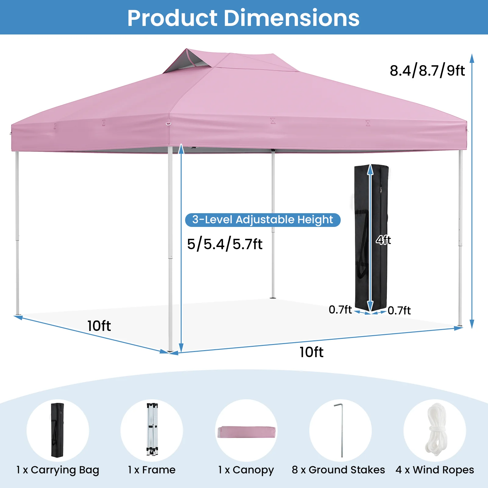 10 X 10 FT Foldable Patio Shelter Canopy Tent, Pink - Image 5