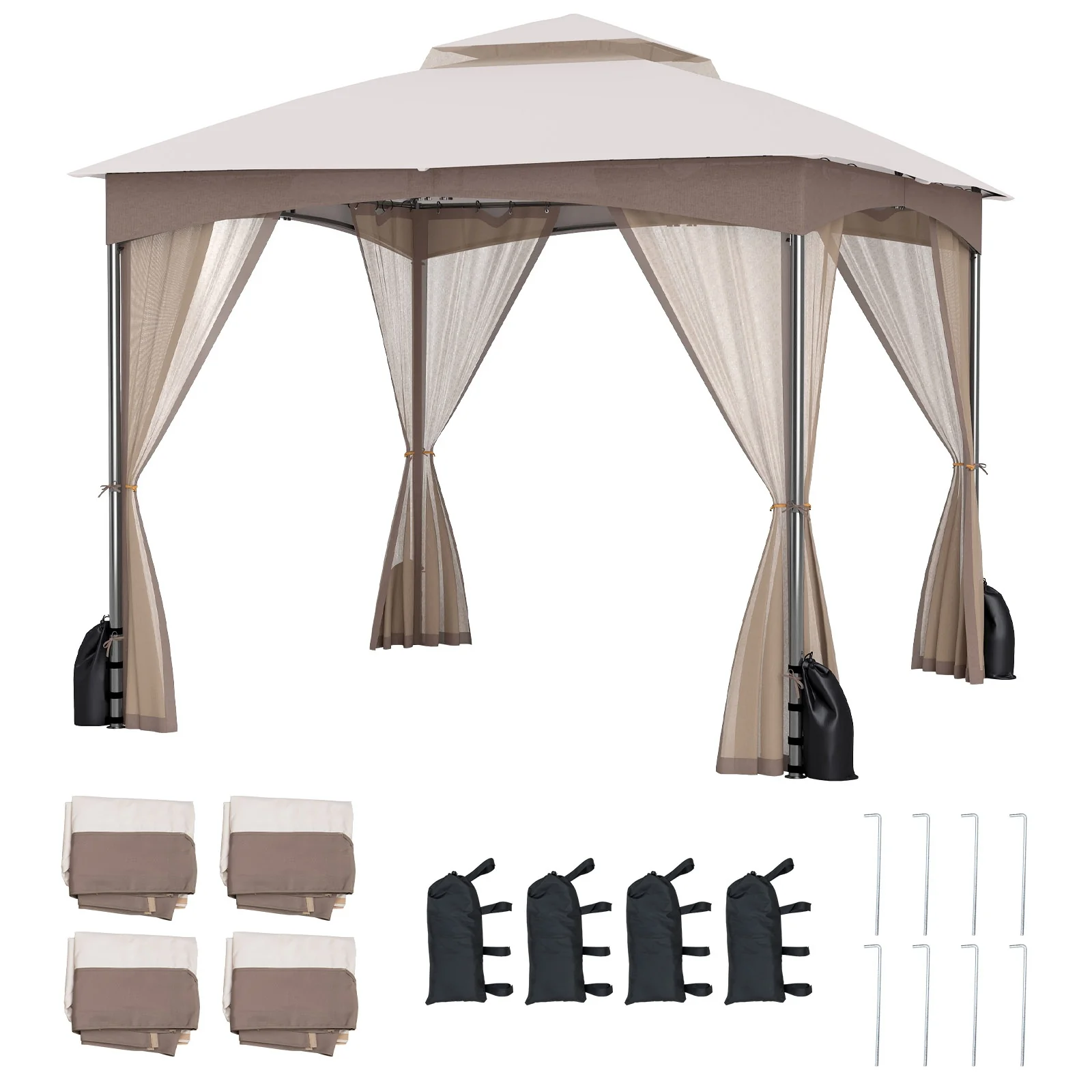 10 X 10 Ft Heavy-Duty Patio Gazebo, Netting Walls, 4 Sandbags, Khaki