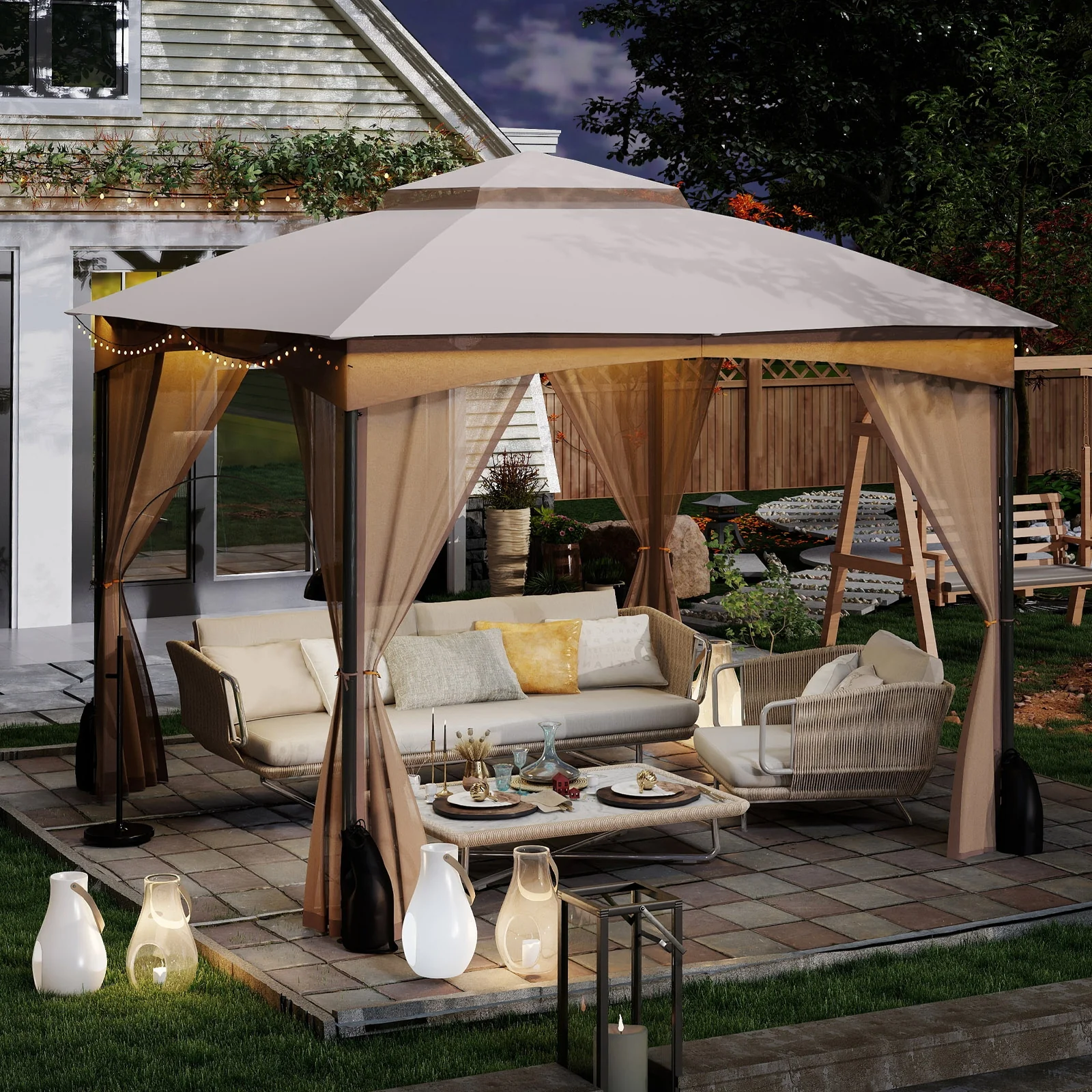10 X 10 Ft Heavy-Duty Patio Gazebo, Netting Walls, 4 Sandbags, Khaki - Image 2