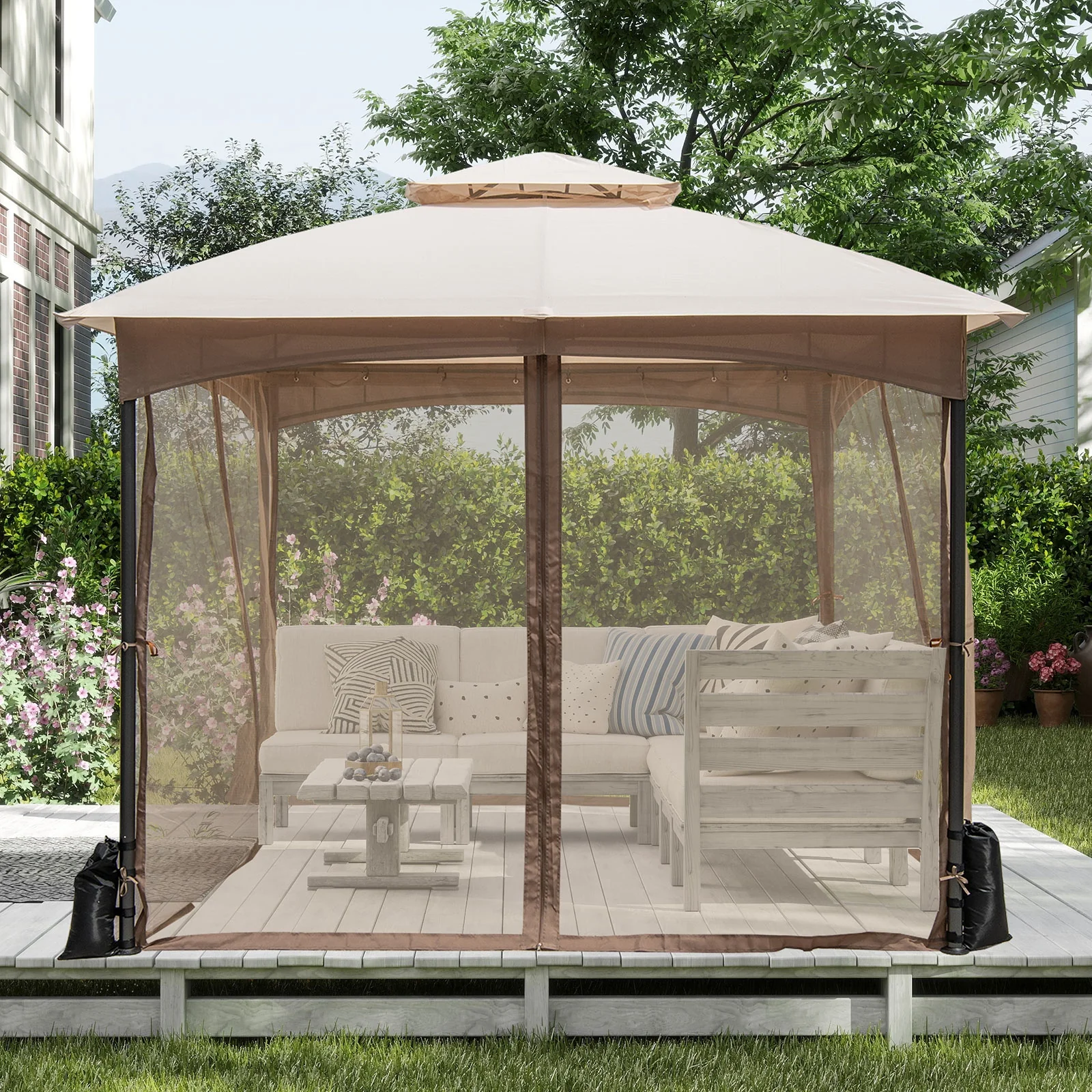 10 X 10 Ft Heavy-Duty Patio Gazebo, Netting Walls, 4 Sandbags, Khaki - Image 3