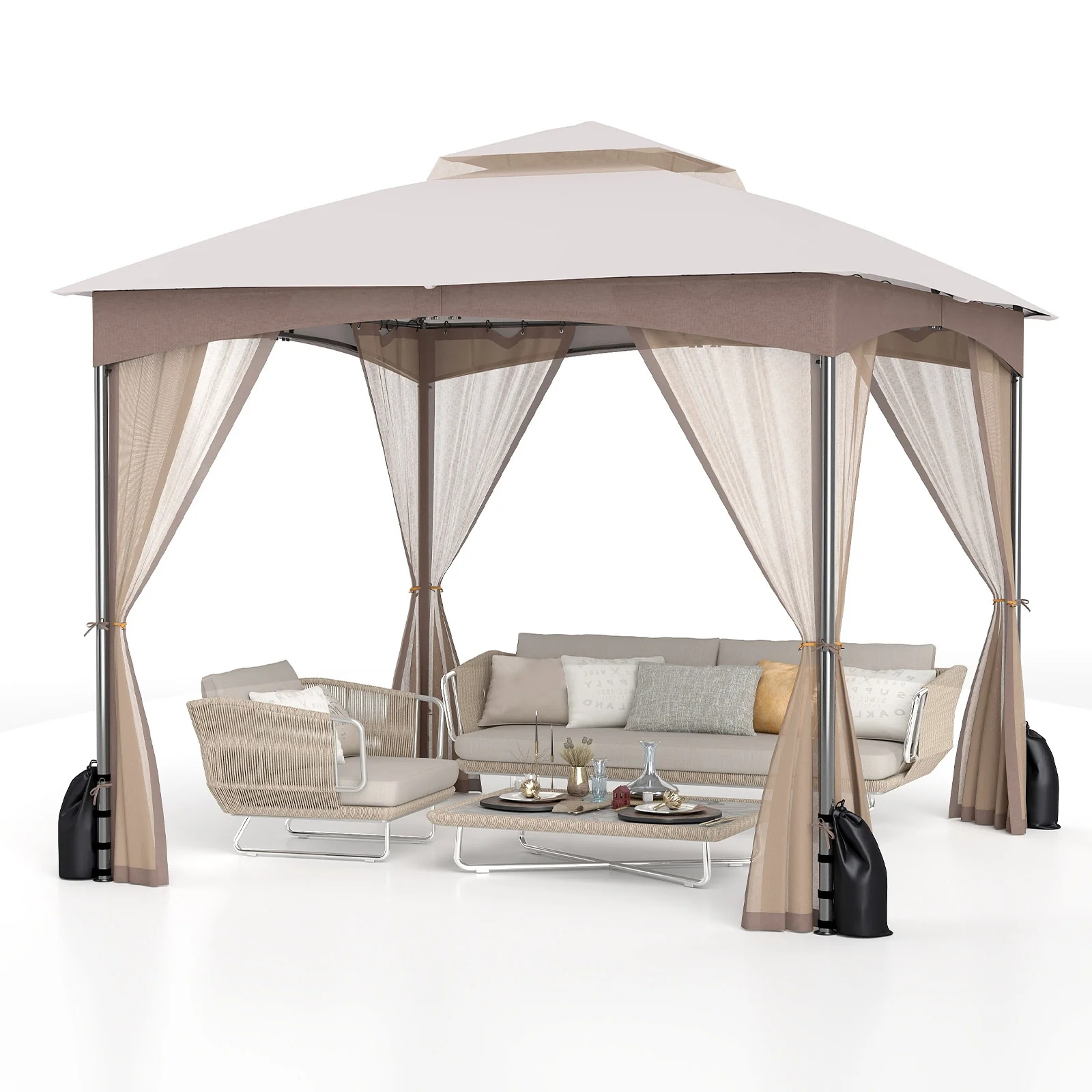 10 X 10 Ft Heavy-Duty Patio Gazebo, Netting Walls, 4 Sandbags, Khaki - Image 5