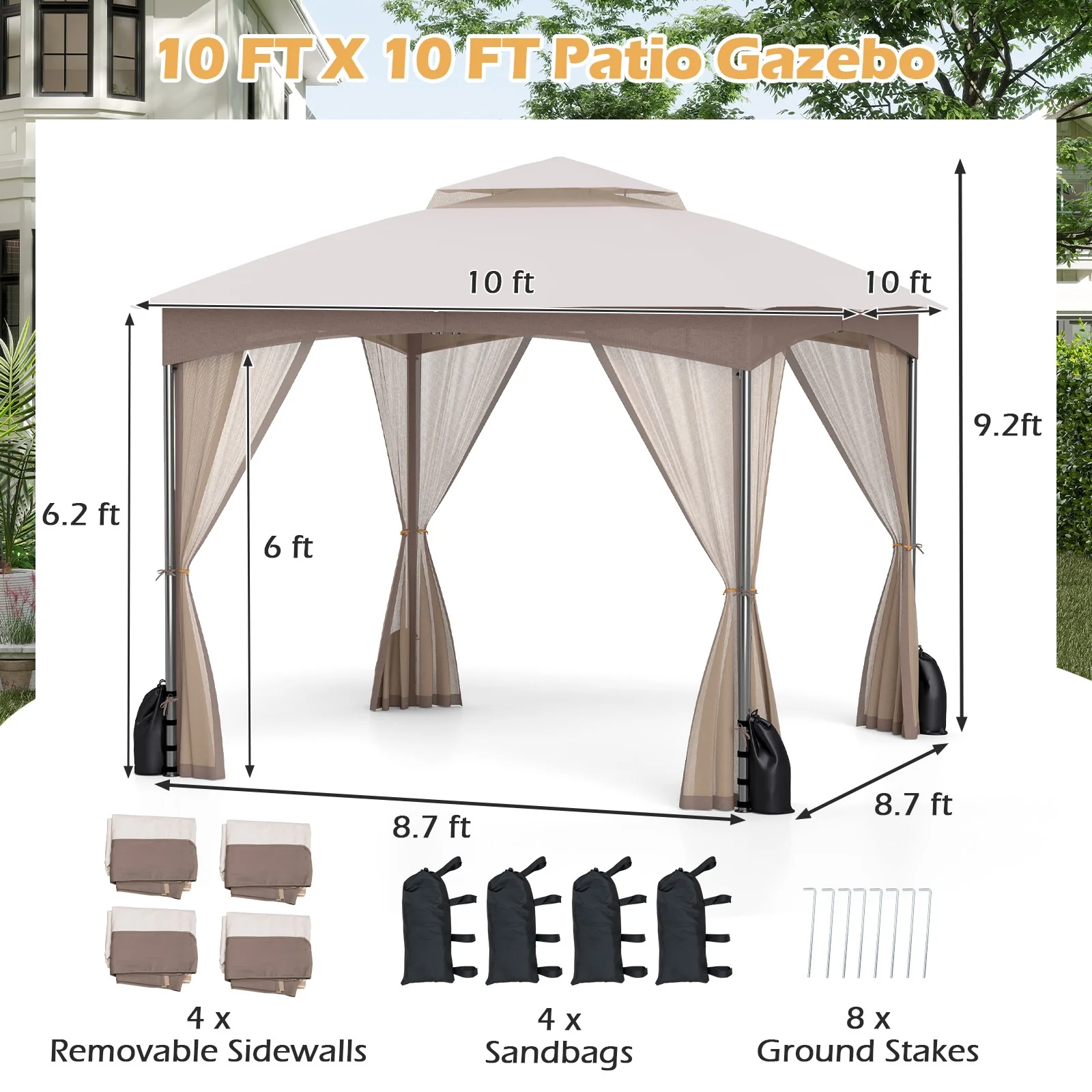 10 X 10 Ft Heavy-Duty Patio Gazebo, Netting Walls, 4 Sandbags, Khaki - Image 6