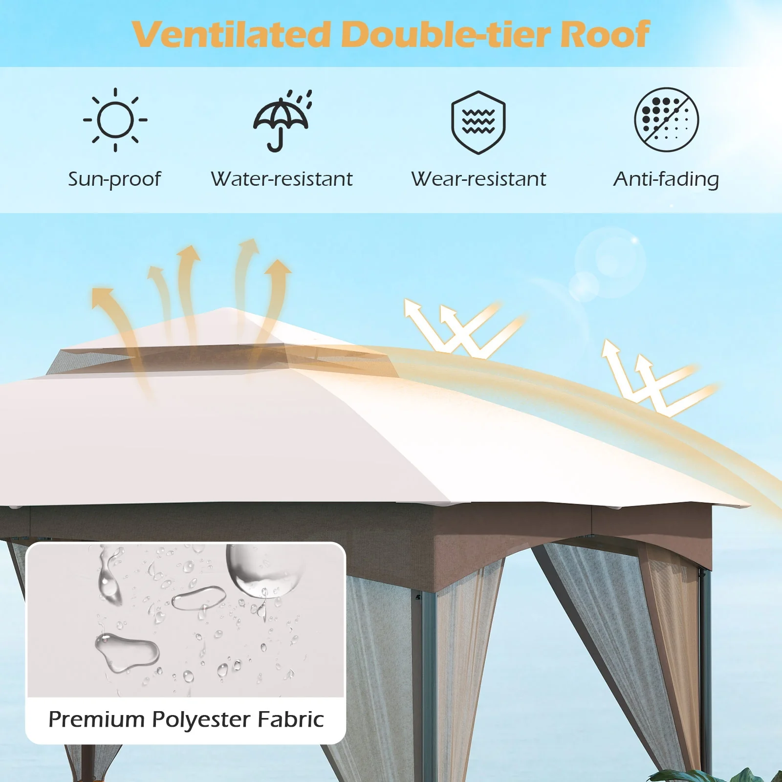 10 X 10 Ft Heavy-Duty Patio Gazebo, Netting Walls, 4 Sandbags, Khaki - Image 7