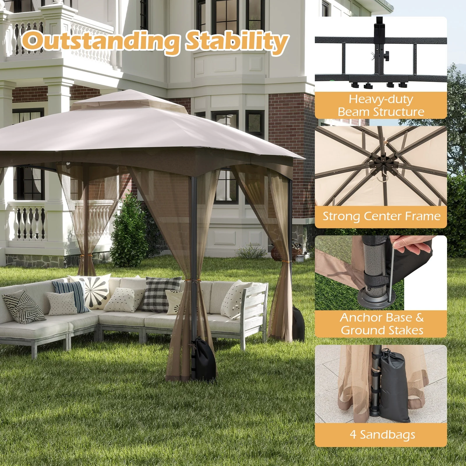 10 X 10 Ft Heavy-Duty Patio Gazebo, Netting Walls, 4 Sandbags, Khaki - Image 9