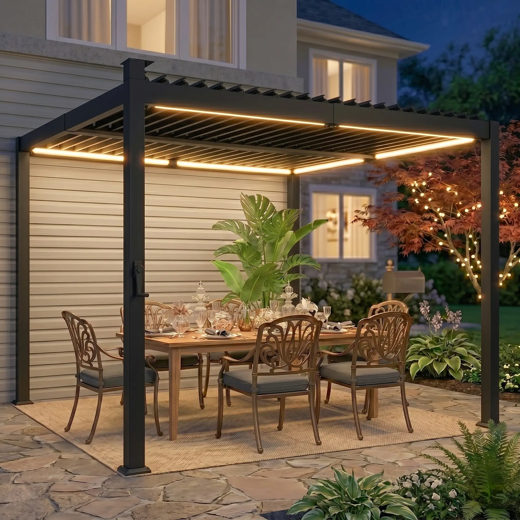 10 x 10 ft Louvered Pergola with Solar LED lights, Metal Roof, Outdoor Pergola Gazebo with Drainage Gutters, Black - Image 11
