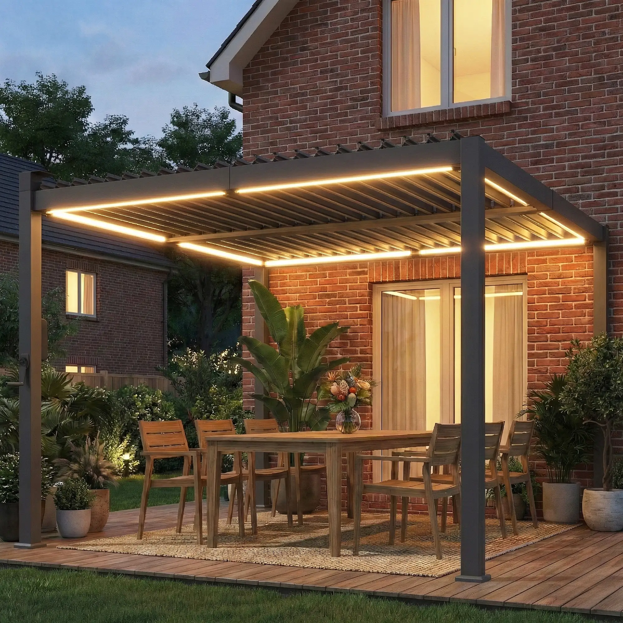 10 x 10 ft Louvered Pergola with Solar LED lights, Metal Roof, Outdoor Pergola Gazebo with Drainage Gutters, Black - Image 2