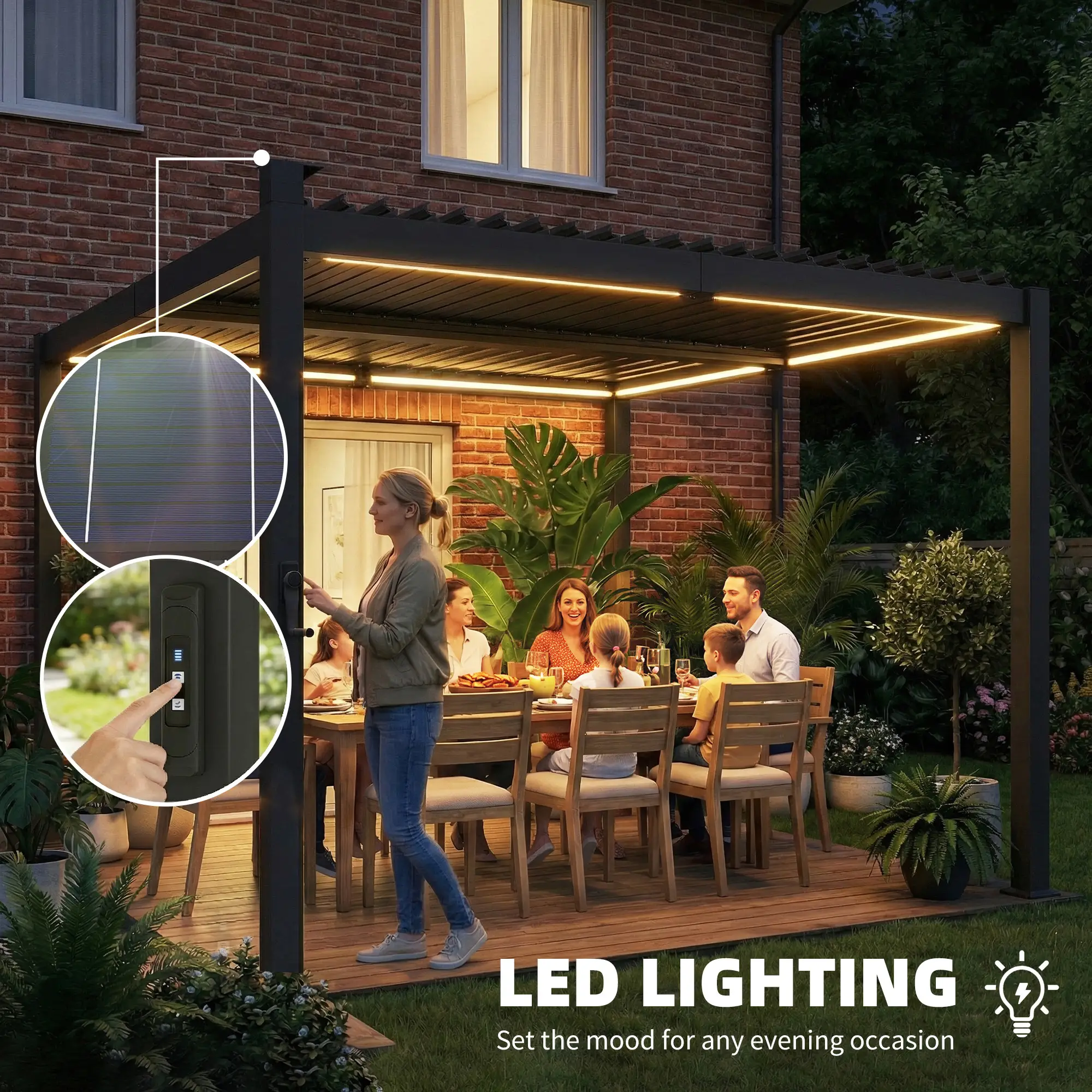 10 x 10 ft Louvered Pergola with Solar LED lights, Metal Roof, Outdoor Pergola Gazebo with Drainage Gutters, Black - Image 4