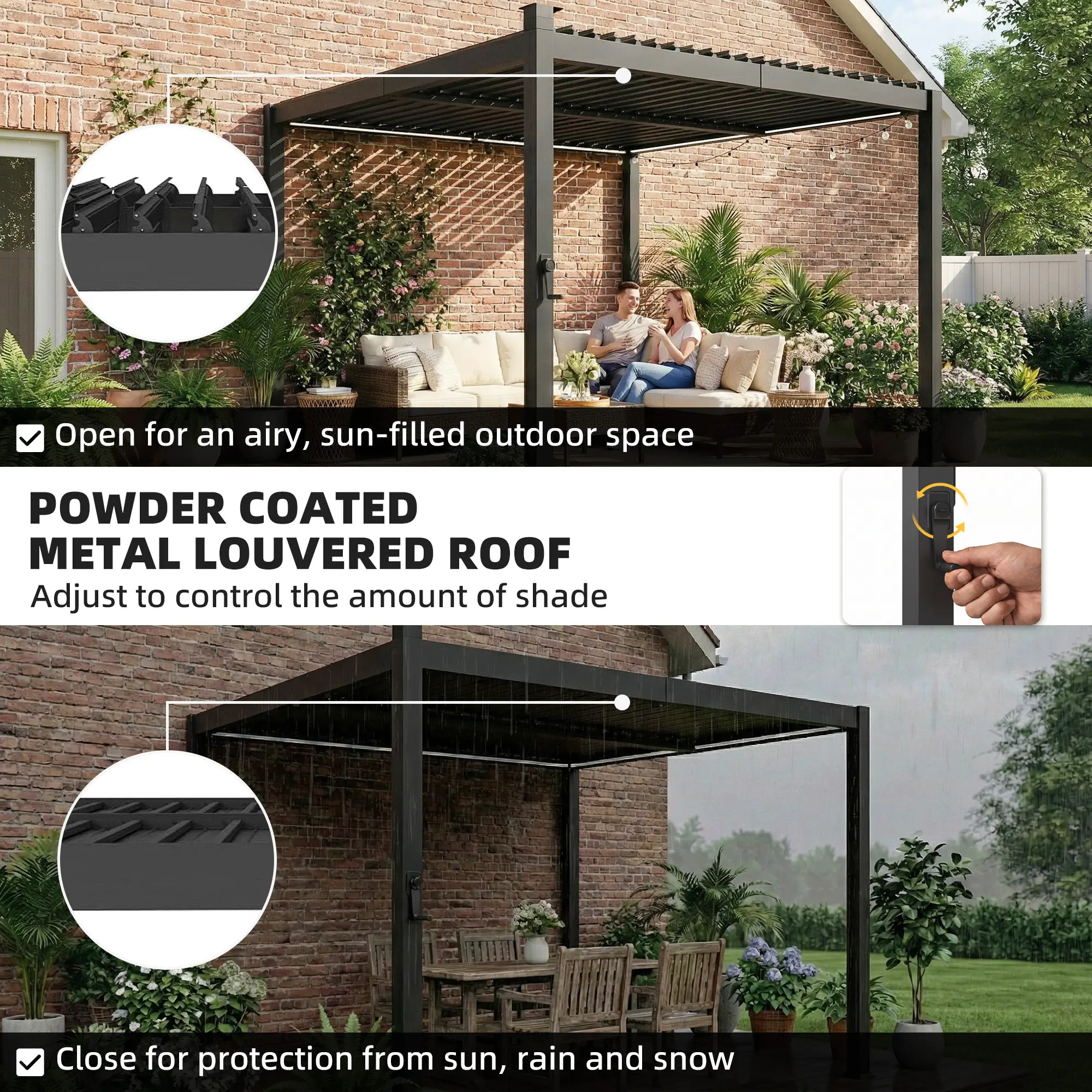 10 x 10 ft Louvered Pergola with Solar LED lights, Metal Roof, Outdoor Pergola Gazebo with Drainage Gutters, Black - Image 5
