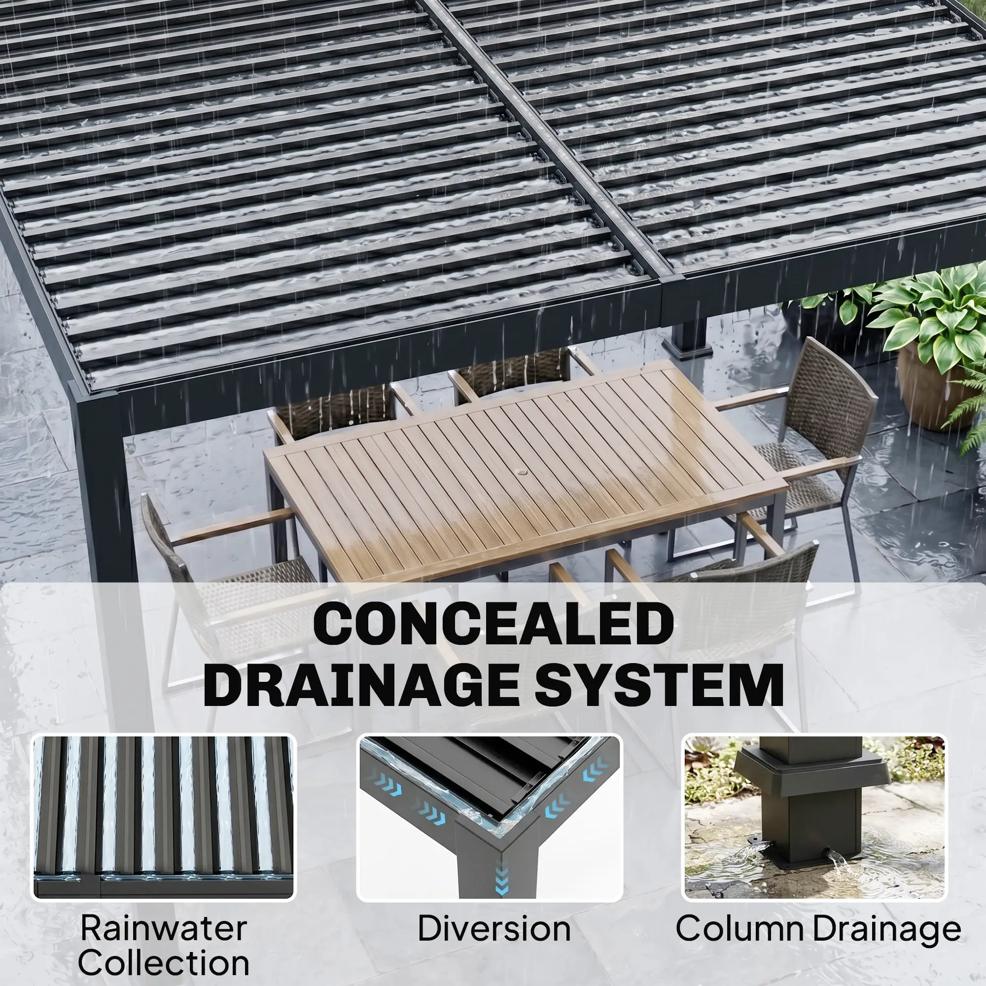 10 x 10 ft Louvered Pergola with Solar LED lights, Metal Roof, Outdoor Pergola Gazebo with Drainage Gutters, Black - Image 7