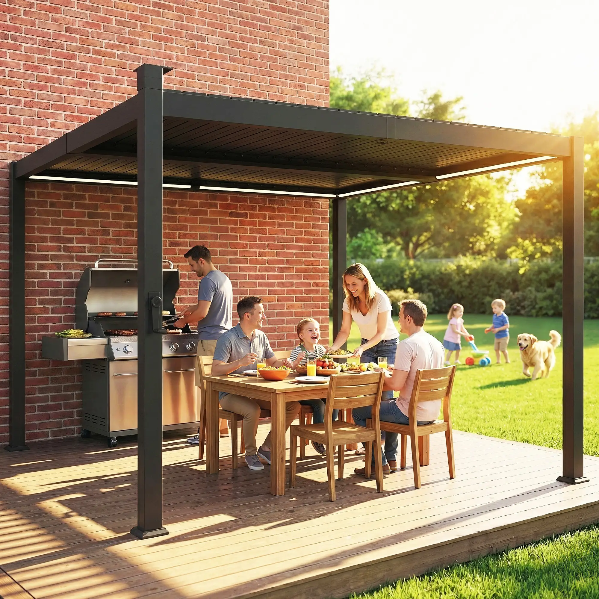 10 x 10 ft Louvered Pergola with Solar LED lights, Metal Roof, Outdoor Pergola Gazebo with Drainage Gutters, Black - Image 9