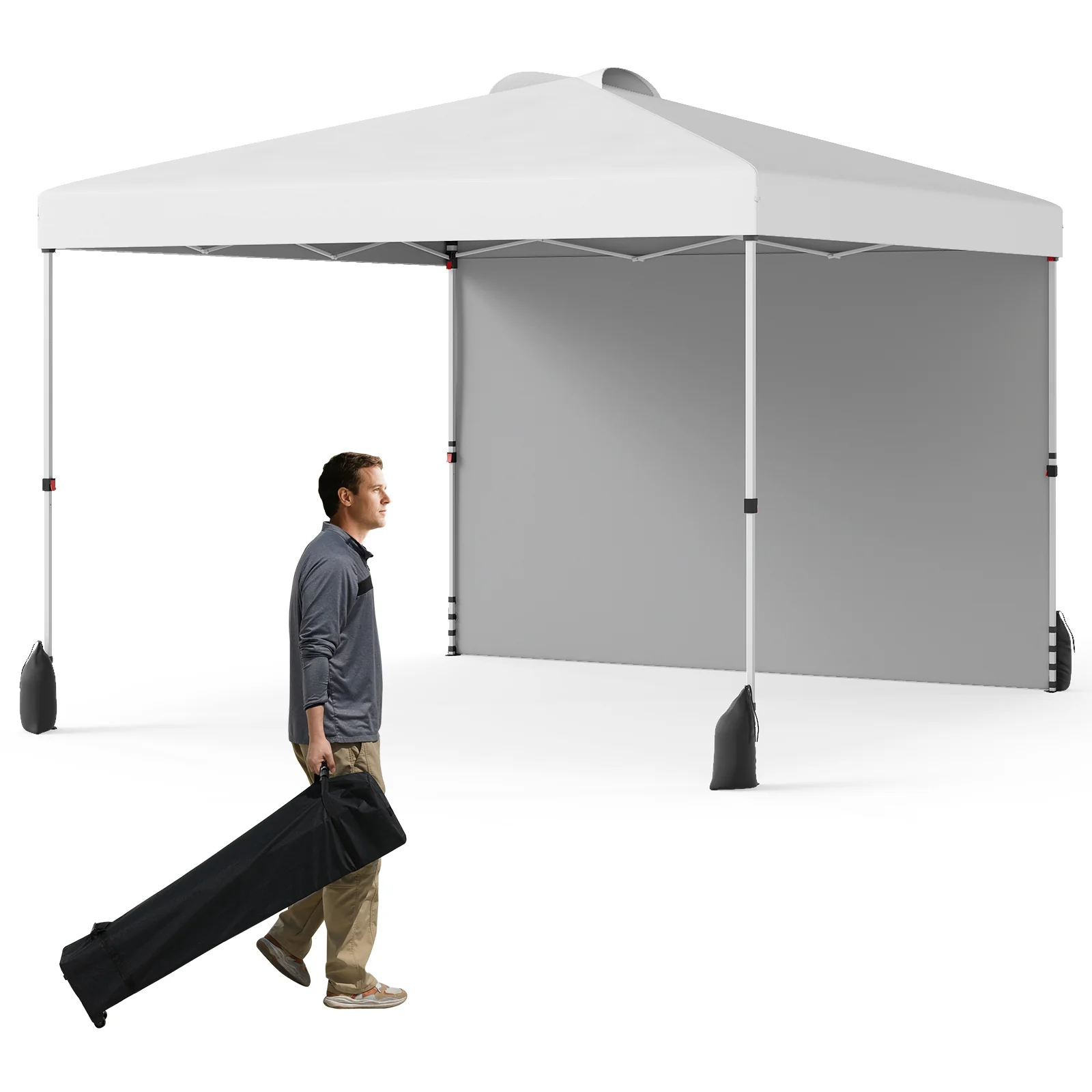 10 X 10 FT Pop up Canopy Tent with 1 Sidewall and Wheeled Bag, White