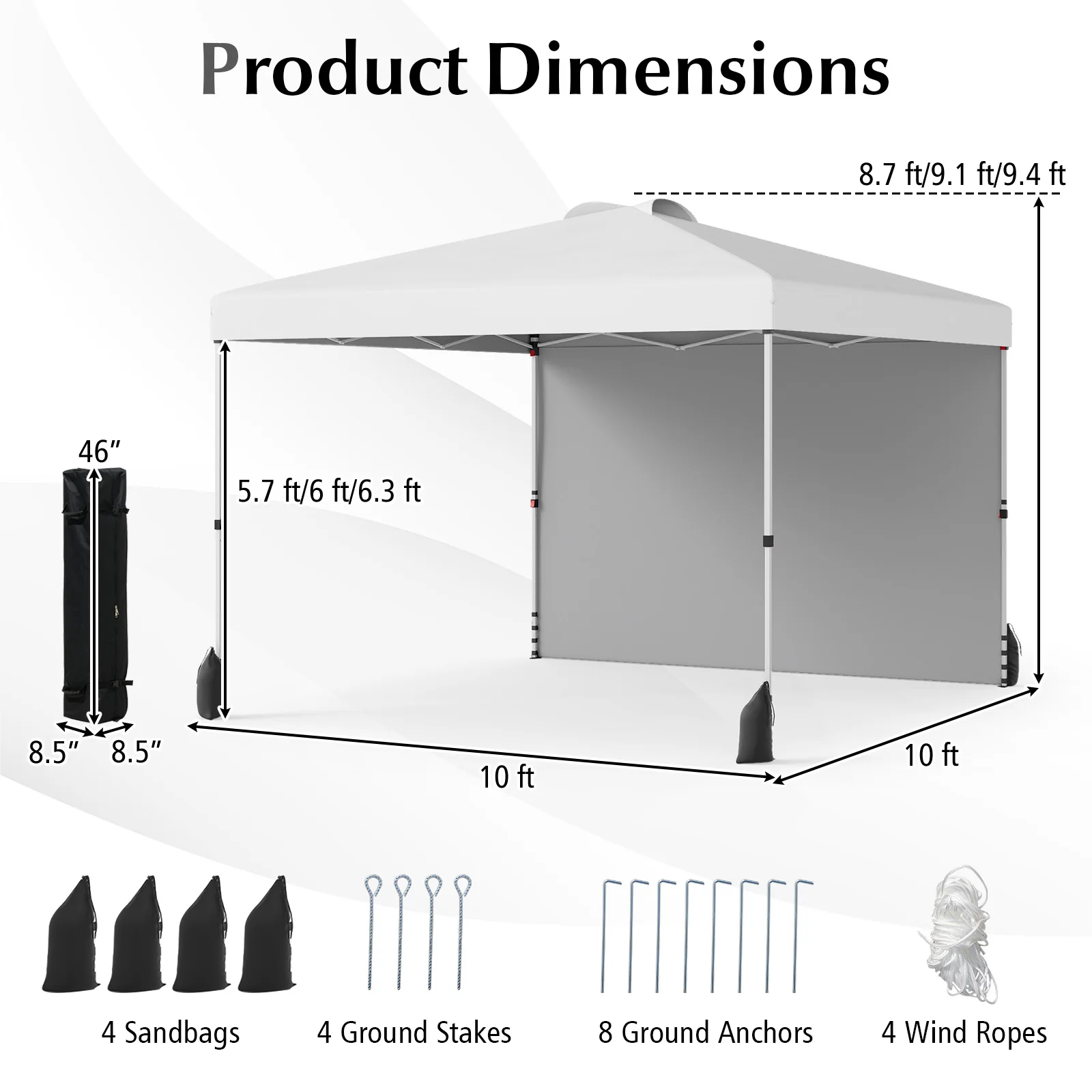 10 X 10 FT Pop up Canopy Tent with 1 Sidewall and Wheeled Bag, White - Image 6