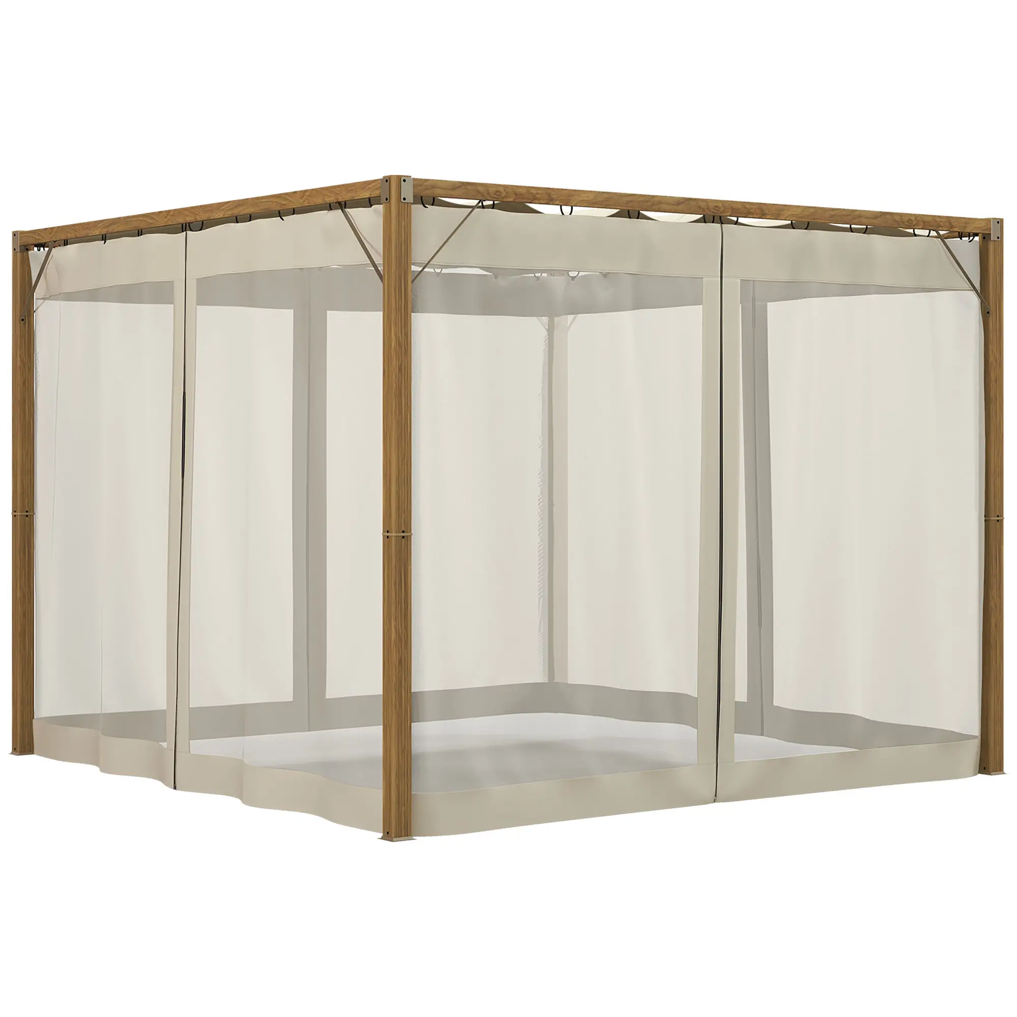 10 x 10 ft Retractable Pergola, Garden Gazebo with Netting, Natural - Image 11