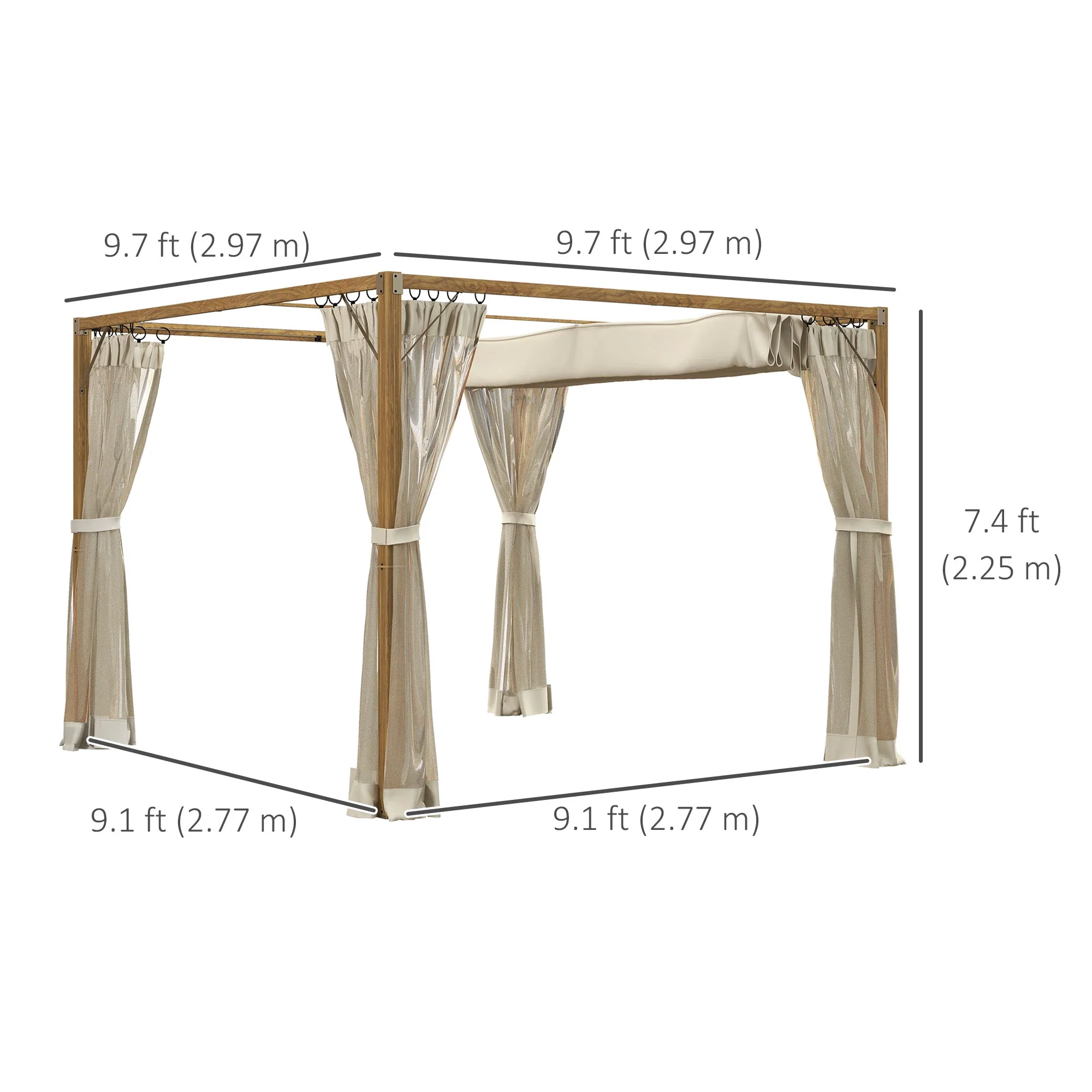 10 x 10 ft Retractable Pergola, Garden Gazebo with Netting, Natural - Image 3
