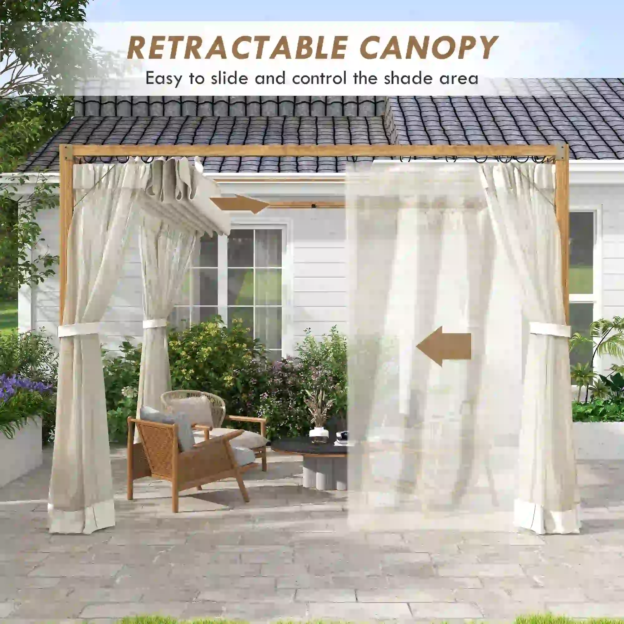 10 x 10 ft Retractable Pergola, Garden Gazebo with Netting, Natural - Image 4